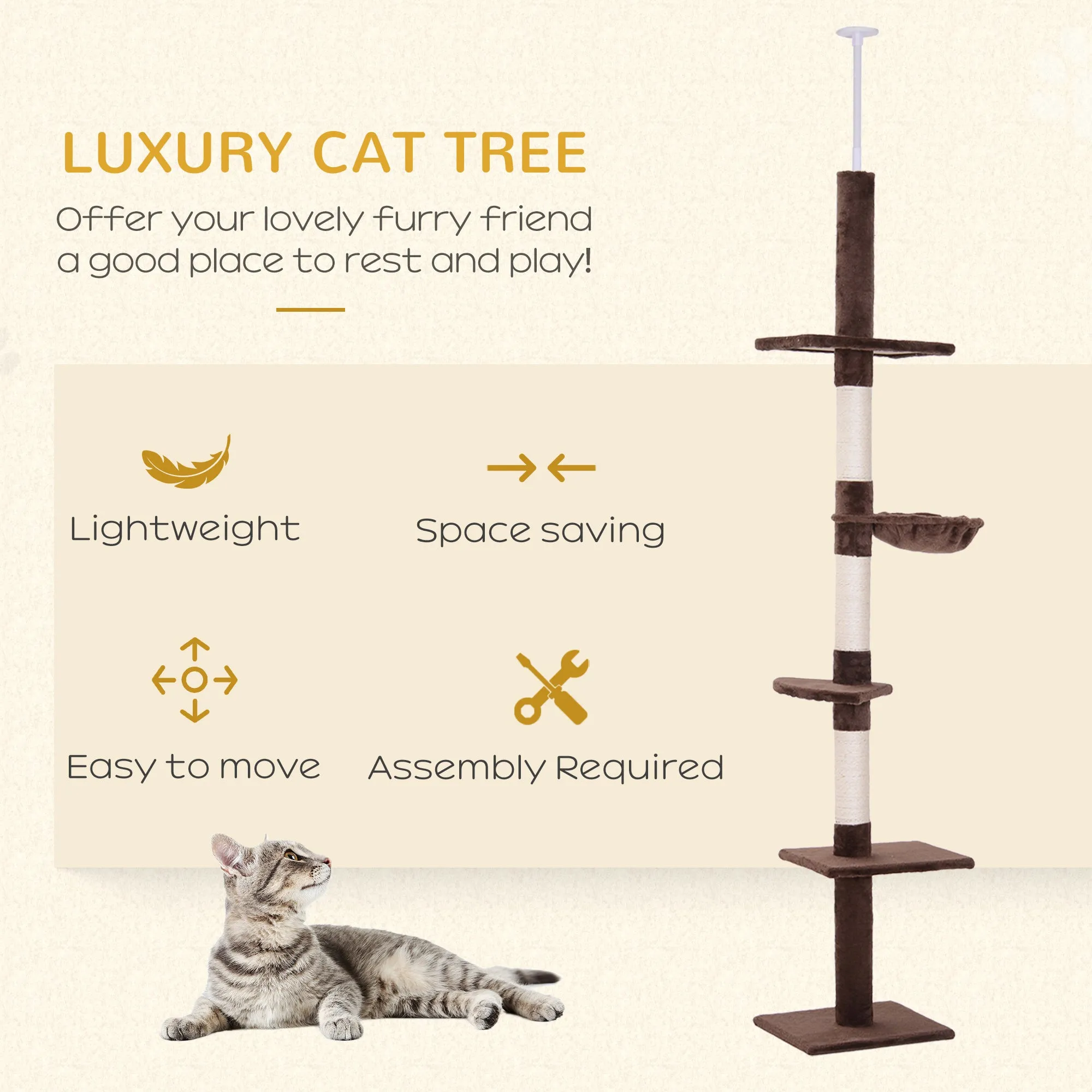 Floor to Ceiling Cat Tree for Indoor Cats 5-Tier Kitty Tower Climbing Activity Center Scratching Post Adjustable Height 230-260 cm Brown