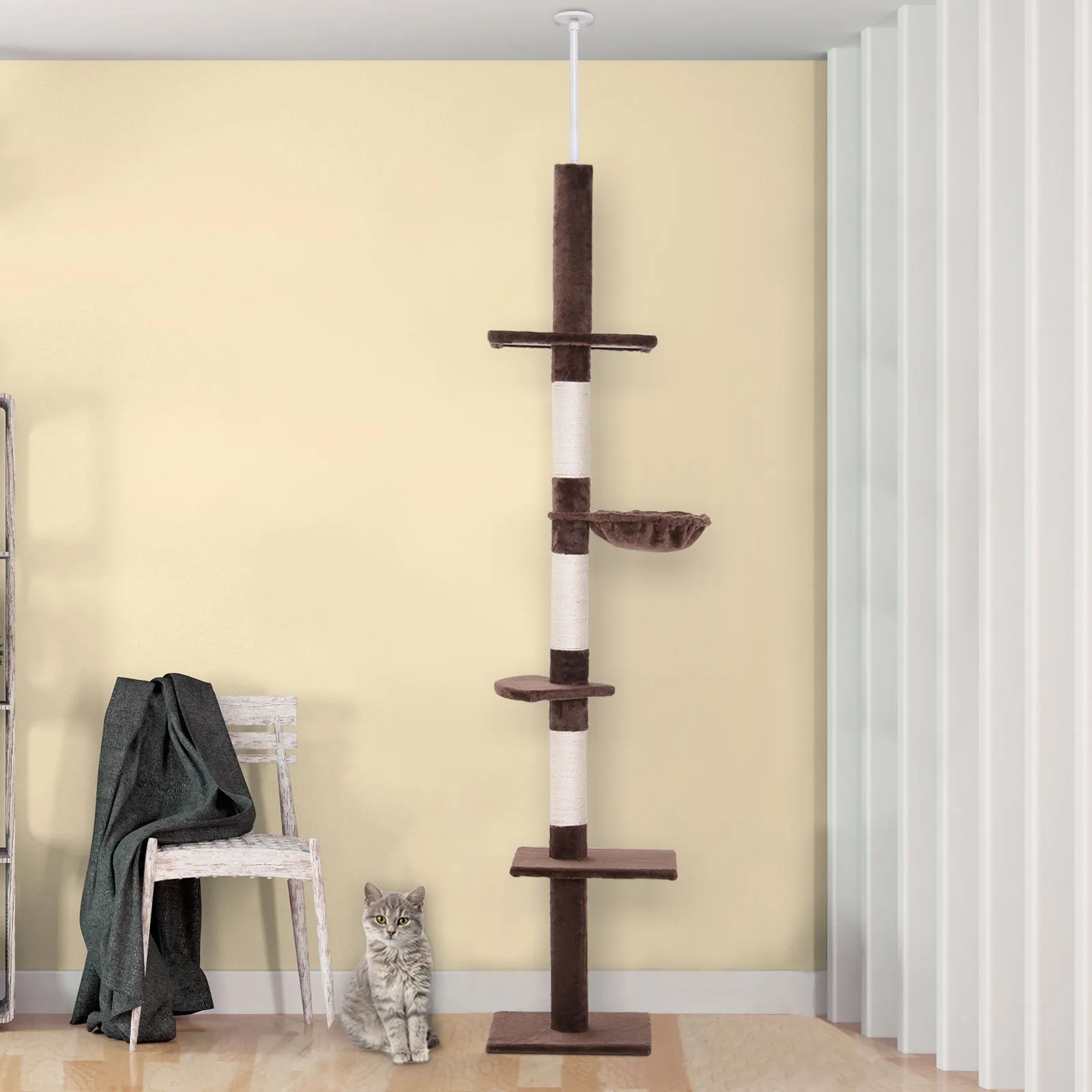 Floor to Ceiling Cat Tree for Indoor Cats 5-Tier Kitty Tower Climbing Activity Center Scratching Post Adjustable Height 230-260 cm Brown