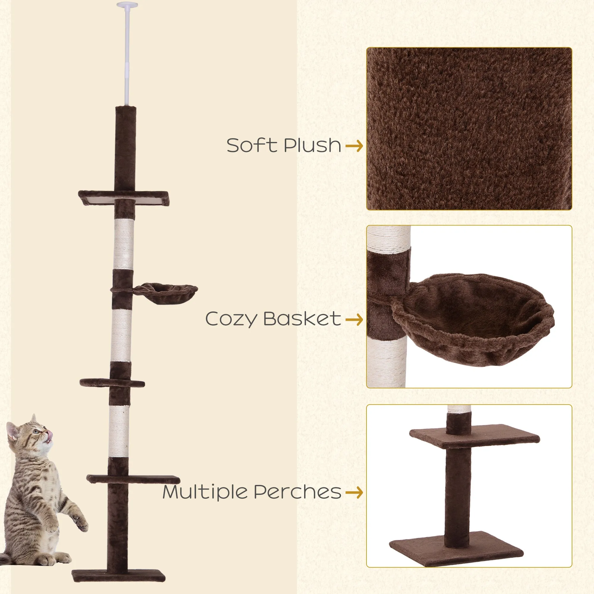 Floor to Ceiling Cat Tree for Indoor Cats 5-Tier Kitty Tower Climbing Activity Center Scratching Post Adjustable Height 230-260 cm Brown