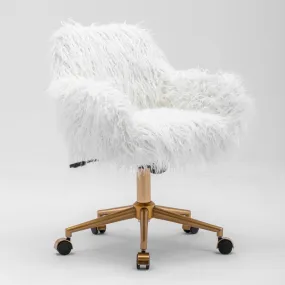 Fluffy Faux Fur Swivel Desk Chair, Height Adjustable - White