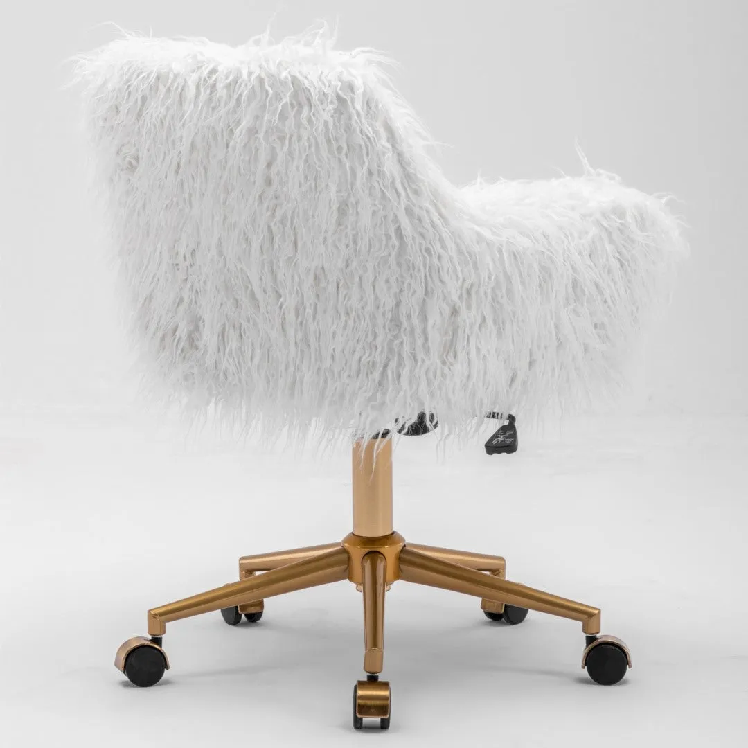 Fluffy Faux Fur Swivel Desk Chair, Height Adjustable - White