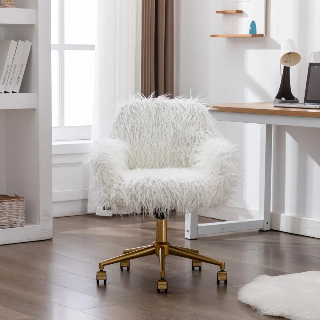 Fluffy Faux Fur Swivel Desk Chair, Height Adjustable - White