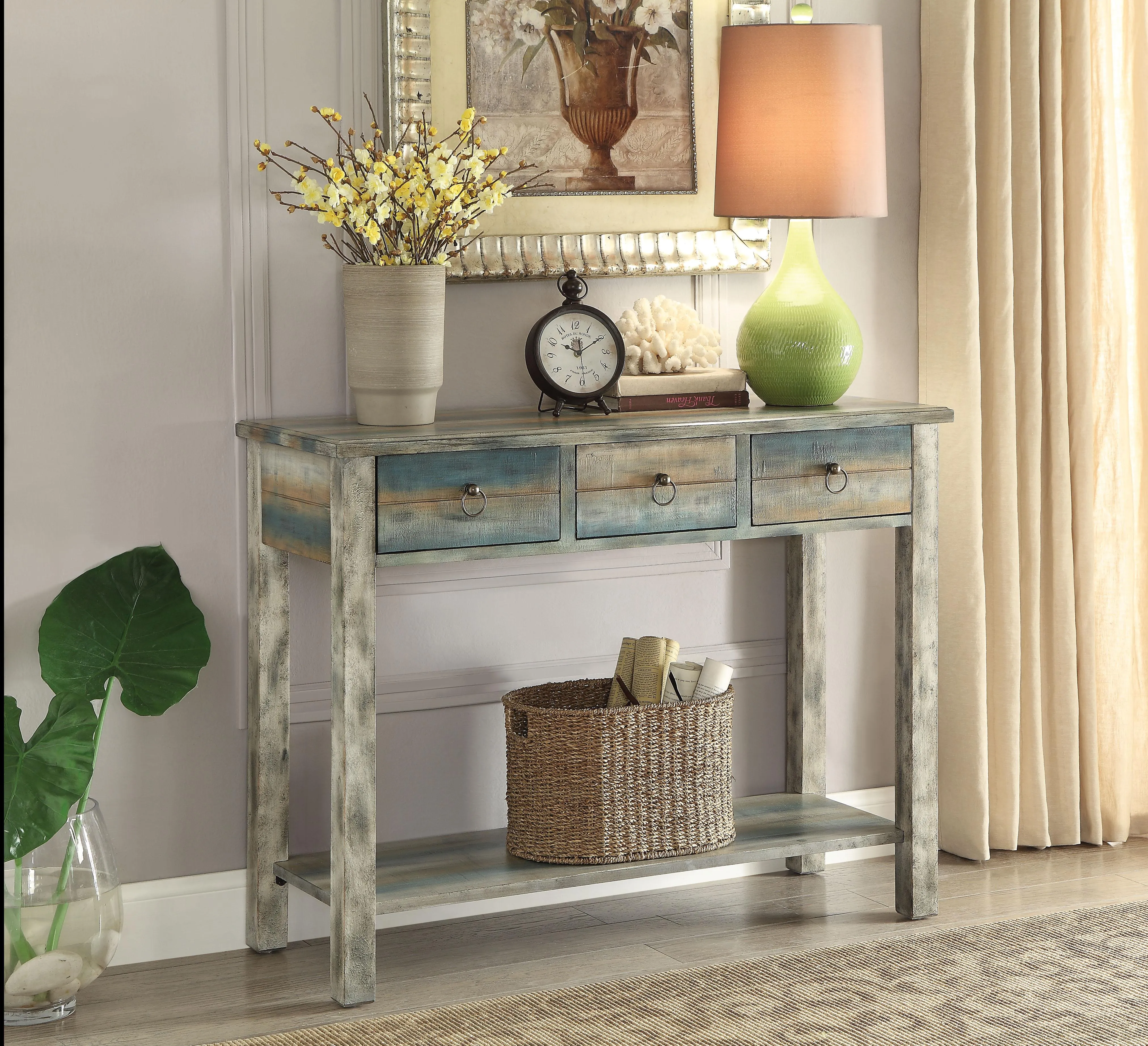 Glancio Antique White & Teal Console Table