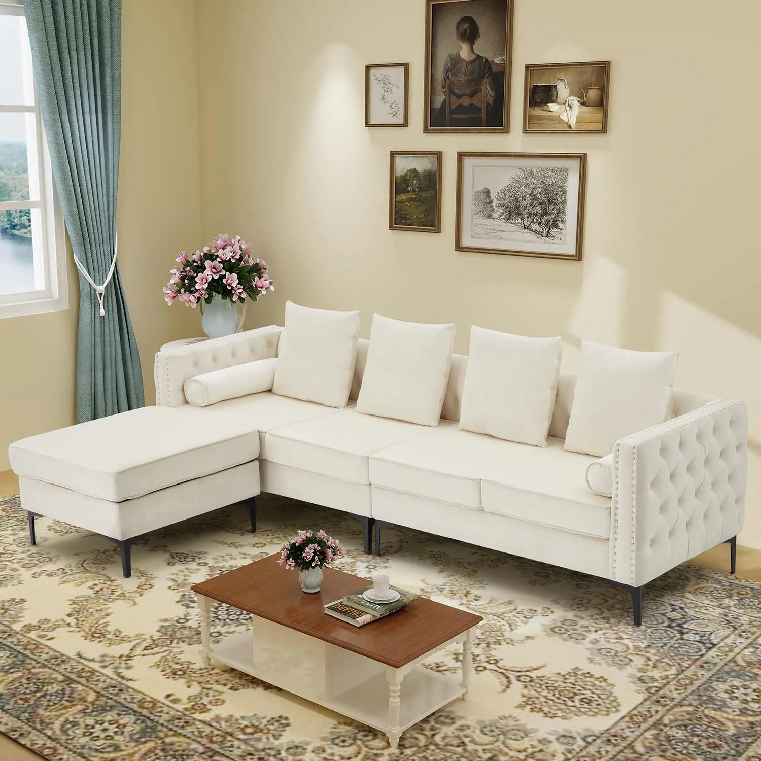 Homrest 4-Seat Sectional Sleeper Sofa Set with Storage Ottoman, White