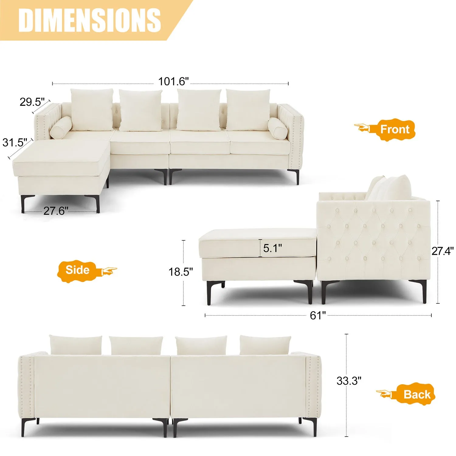 Homrest 4-Seat Sectional Sleeper Sofa Set with Storage Ottoman, White