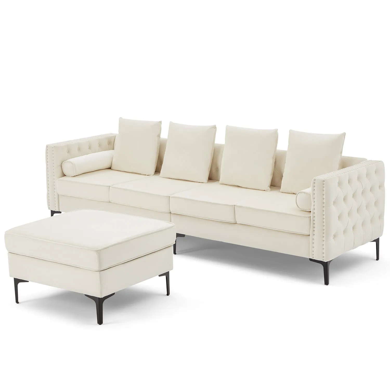 Homrest 4-Seat Sectional Sleeper Sofa Set with Storage Ottoman, White