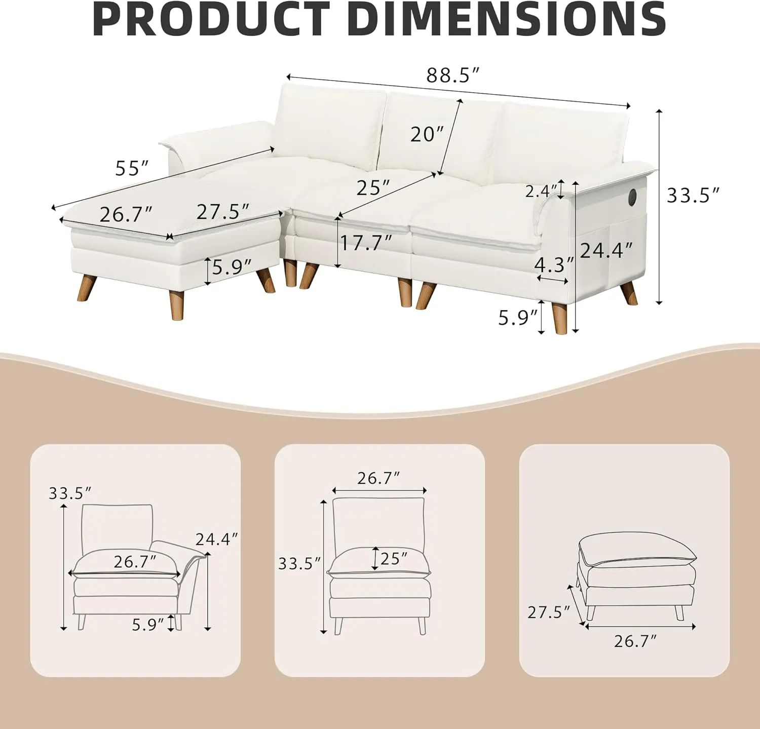 Homrest Modular Sectional Sofa Cloud Couch with Ottoman and Storage Pockets, Beige