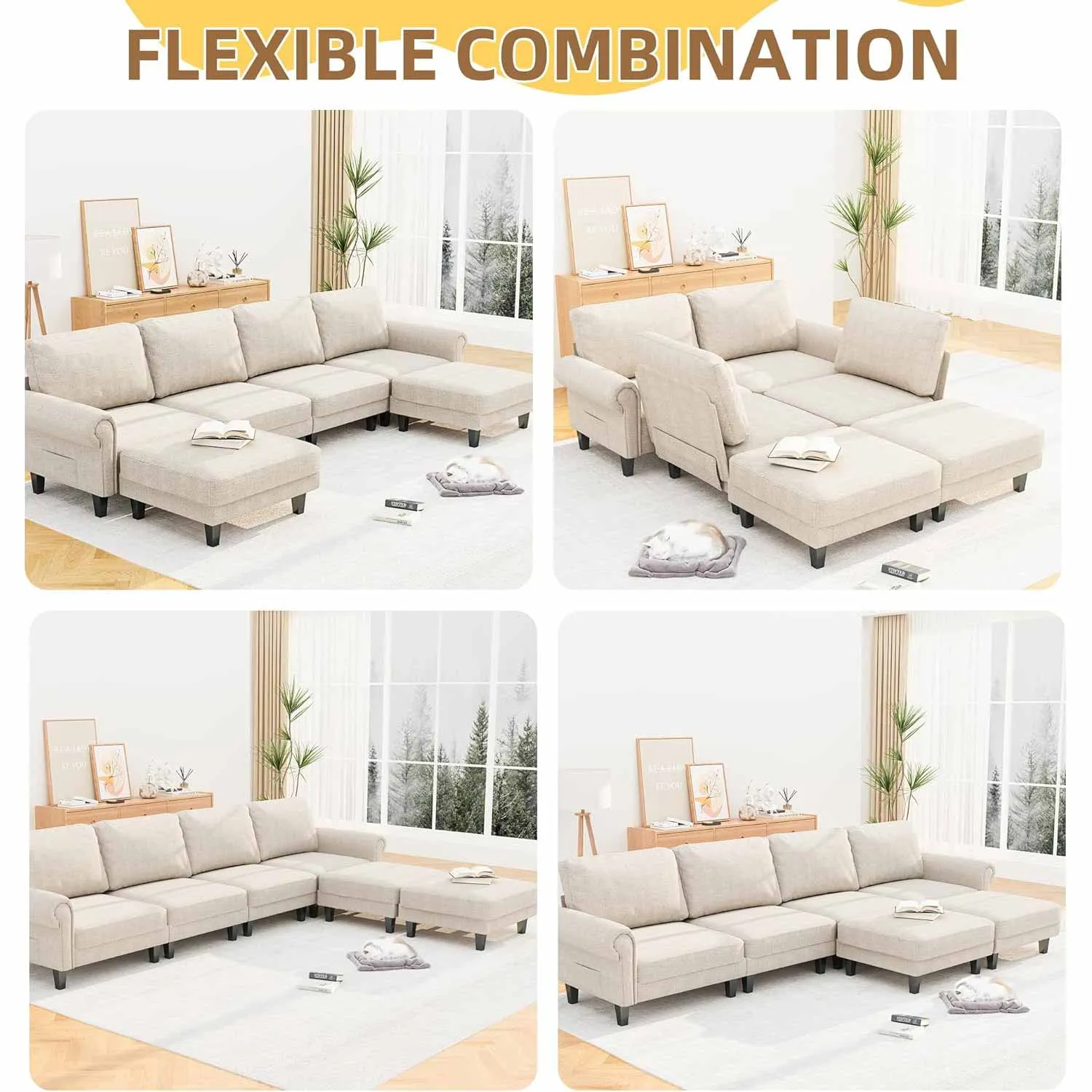 Homrest Modular Sectional Sofa with Chaise and Movable Ottoman, Beige