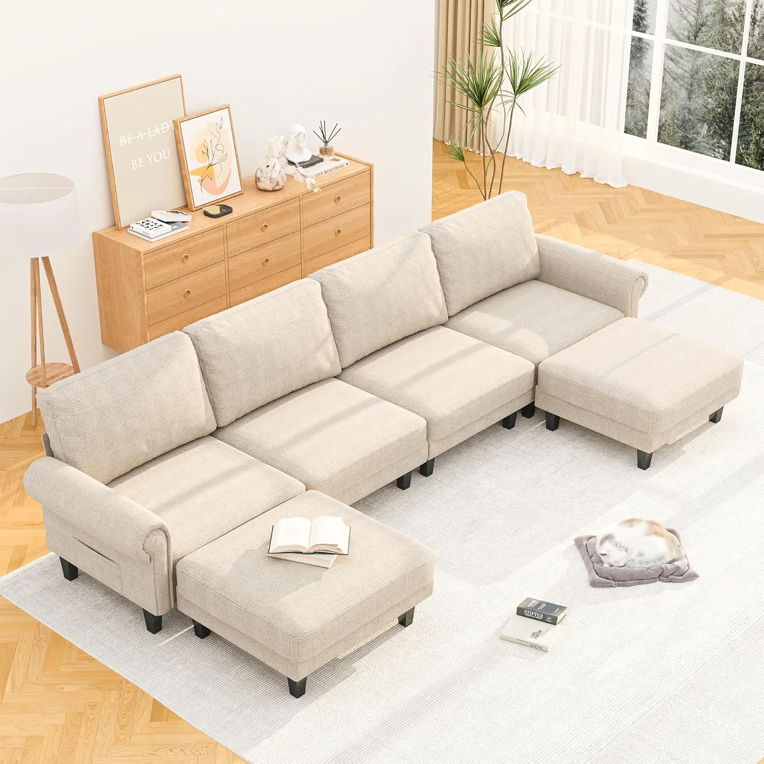 Homrest Modular Sectional Sofa with Chaise and Movable Ottoman, Beige