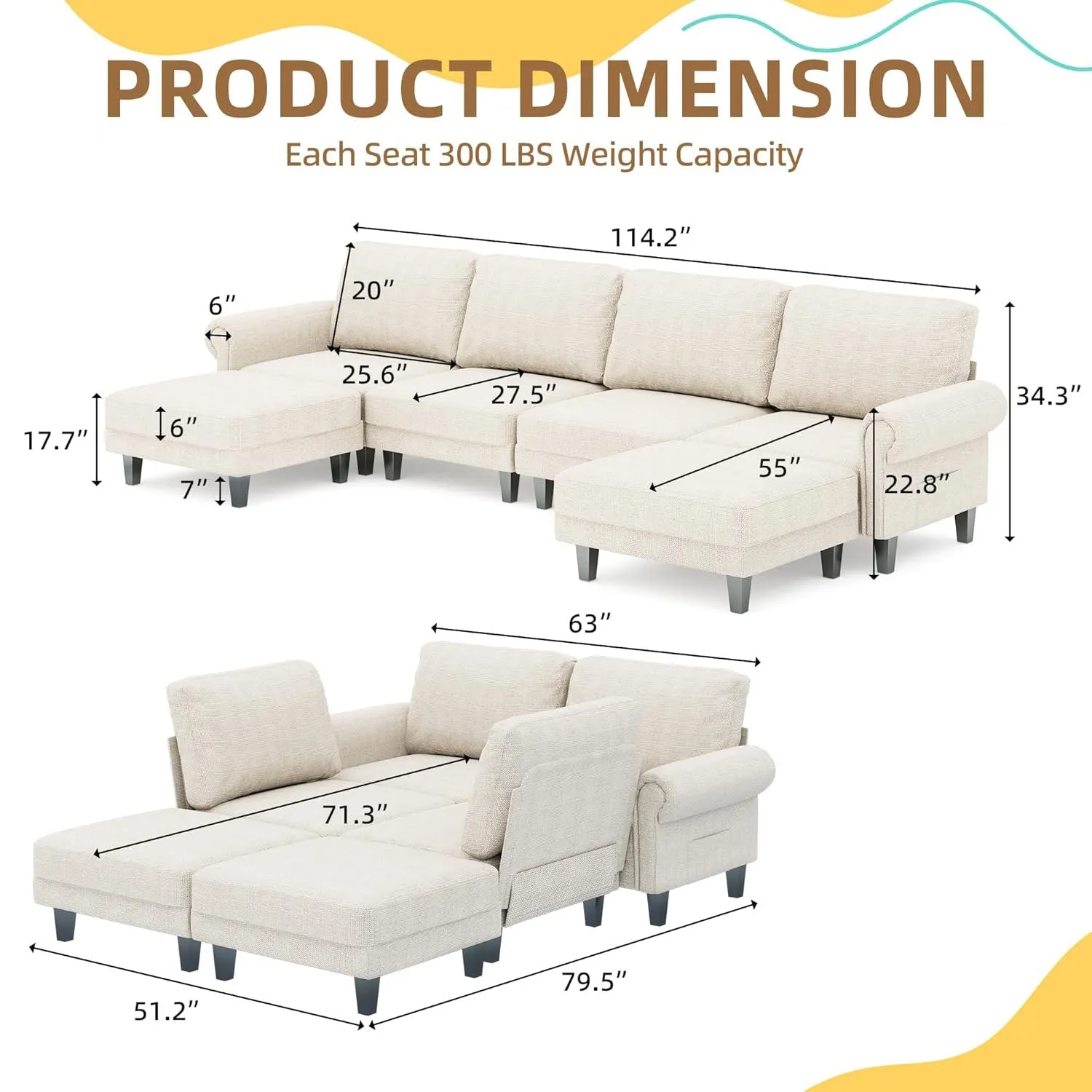 Homrest Modular Sectional Sofa with Chaise and Movable Ottoman, Beige