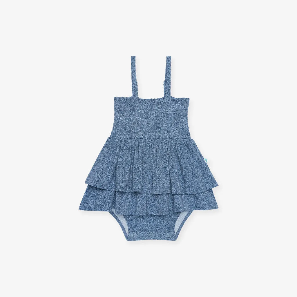 Indigo Denim Smocked Tiered Bodysuit Dress