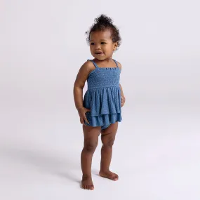 Indigo Denim Smocked Tiered Bodysuit Dress