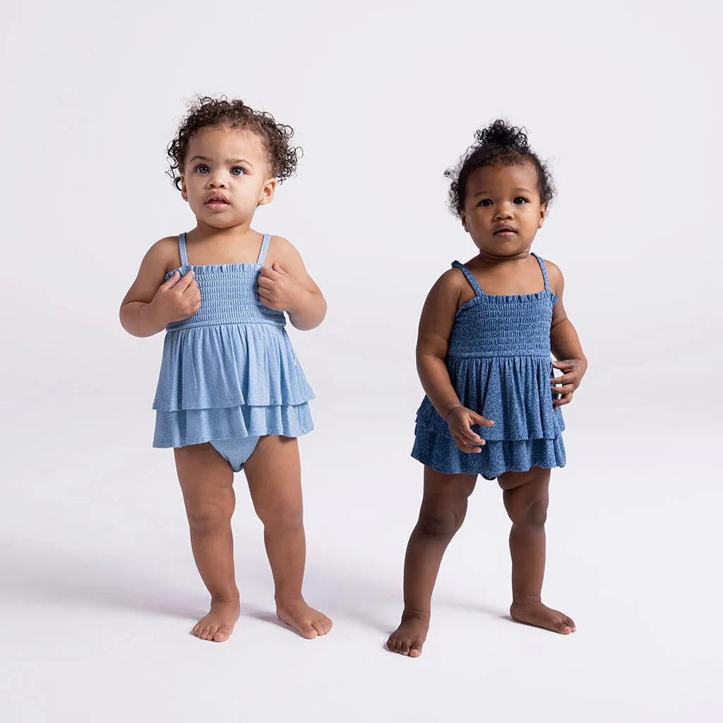 Indigo Denim Smocked Tiered Bodysuit Dress