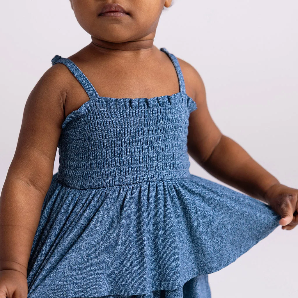 Indigo Denim Smocked Tiered Bodysuit Dress