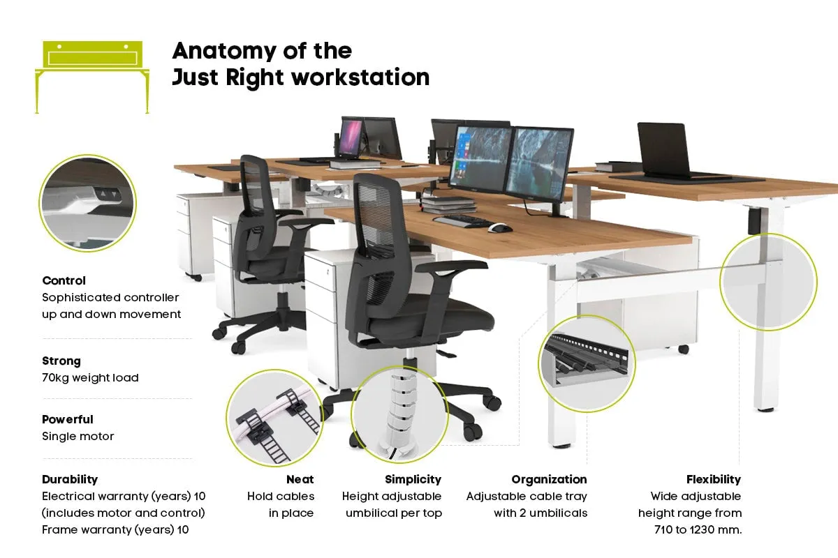 Just Right Height Adjustable 6 Person H-Bench Workstation - White Frame [1200L x 700W]