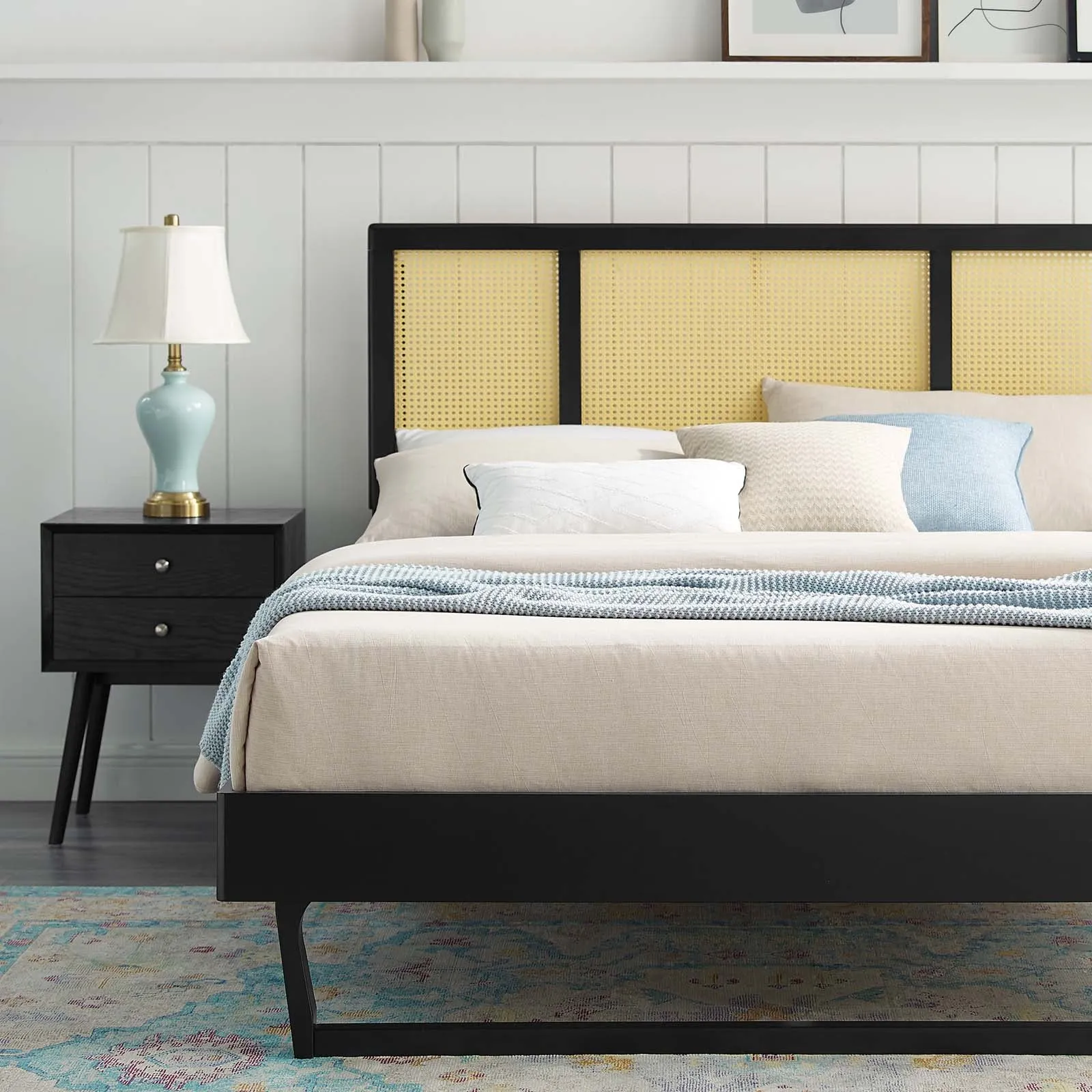 Kelsea Cane and Wood Queen Platform Bed With Angular Legs Black MOD-6372-BLK