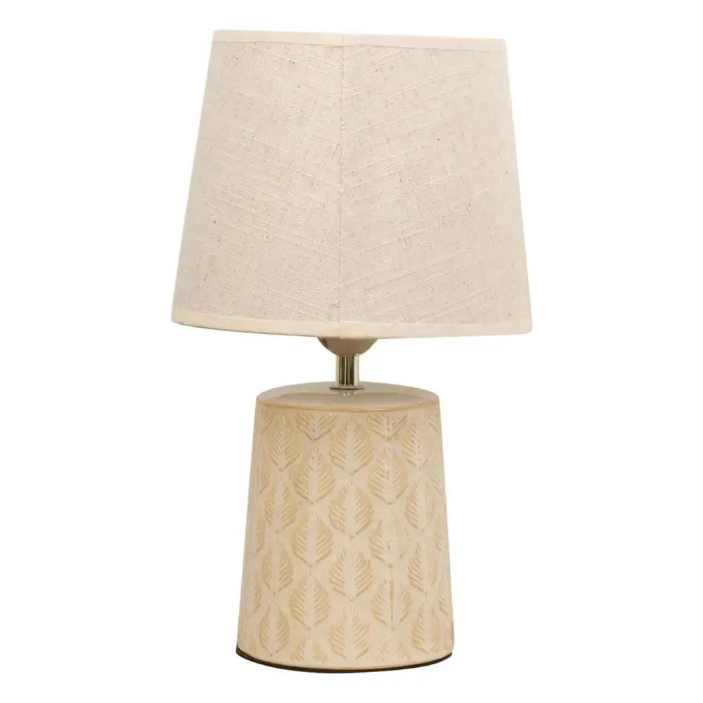 Leaf Print Table Lamp with Beige Linen Shade 35cm