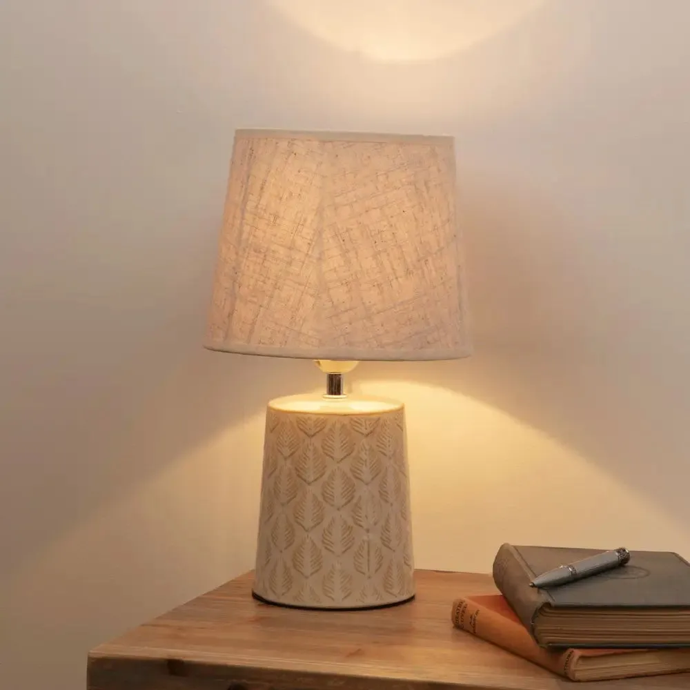 Leaf Print Table Lamp with Beige Linen Shade 35cm