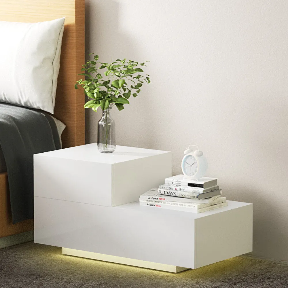 LED Bedside Table with 2 Drawers - White