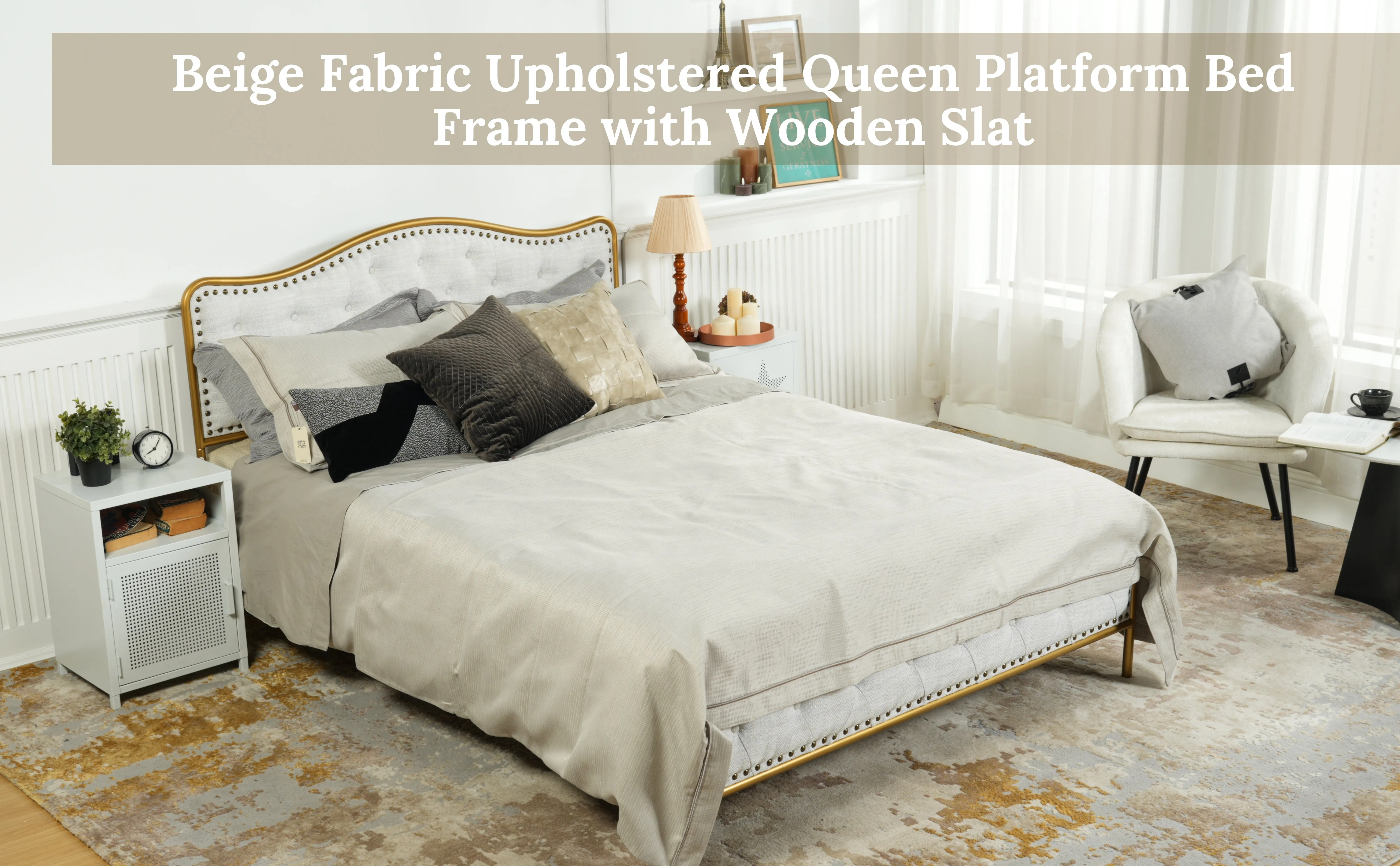 Merle Queen Beige Bed Frame with Gold Accents