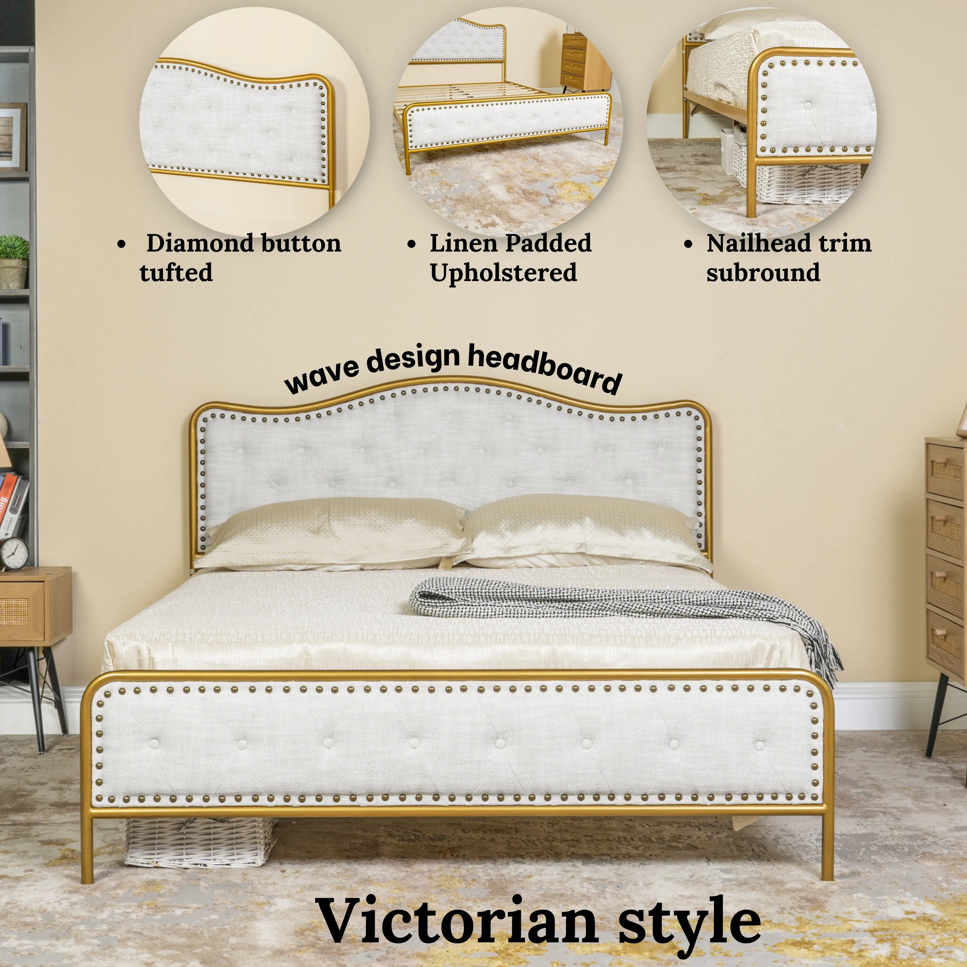 Merle Queen Beige Bed Frame with Gold Accents