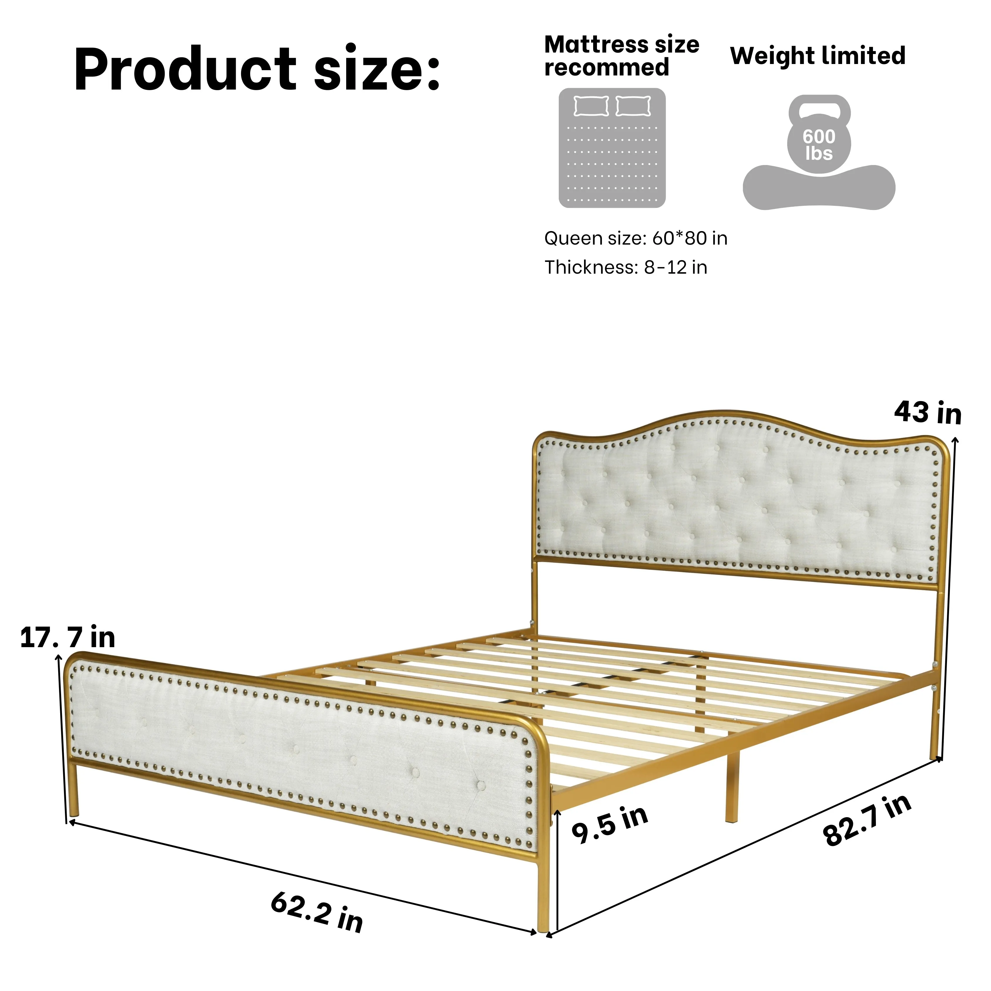 Merle Queen Beige Bed Frame with Gold Accents