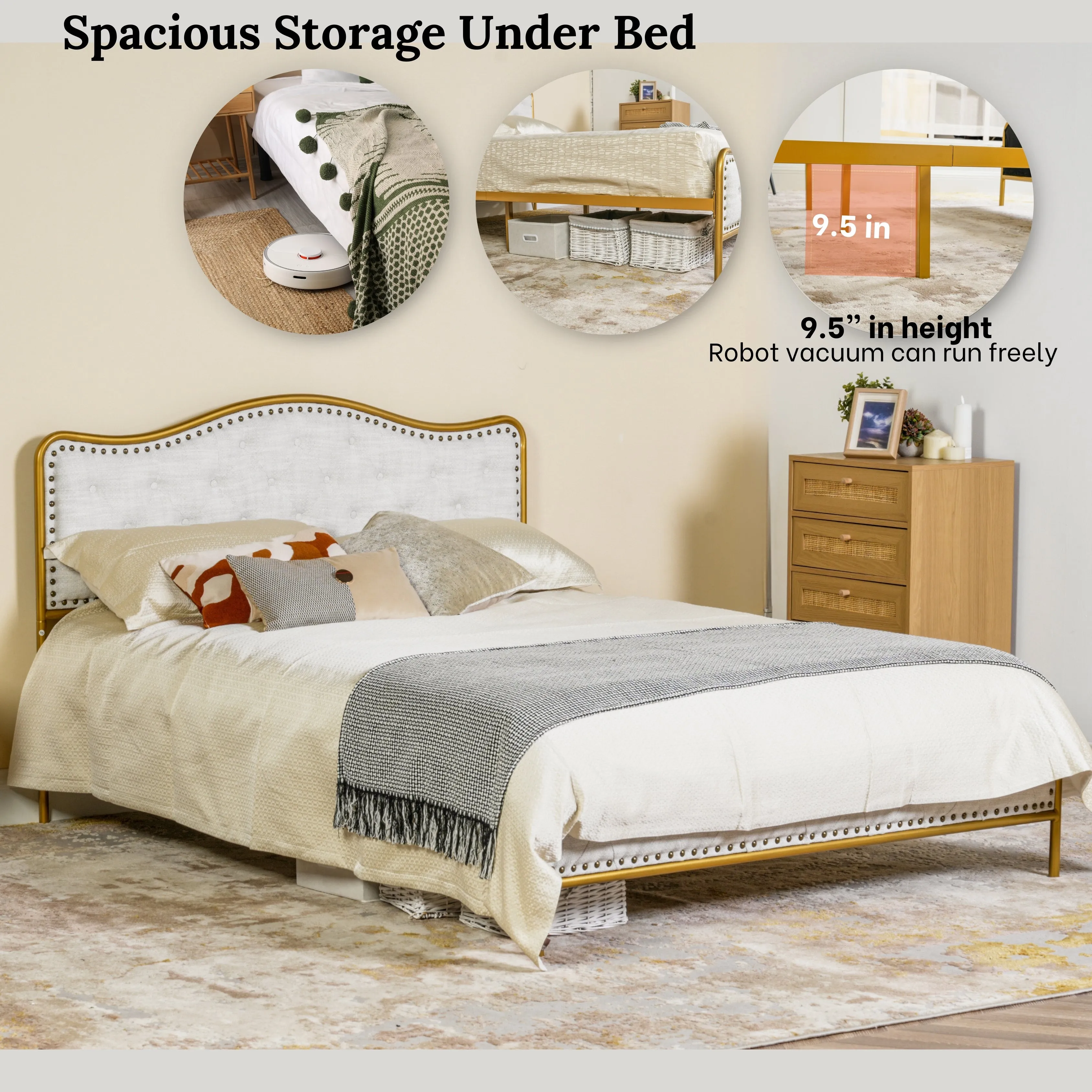 Merle Queen Beige Bed Frame with Gold Accents