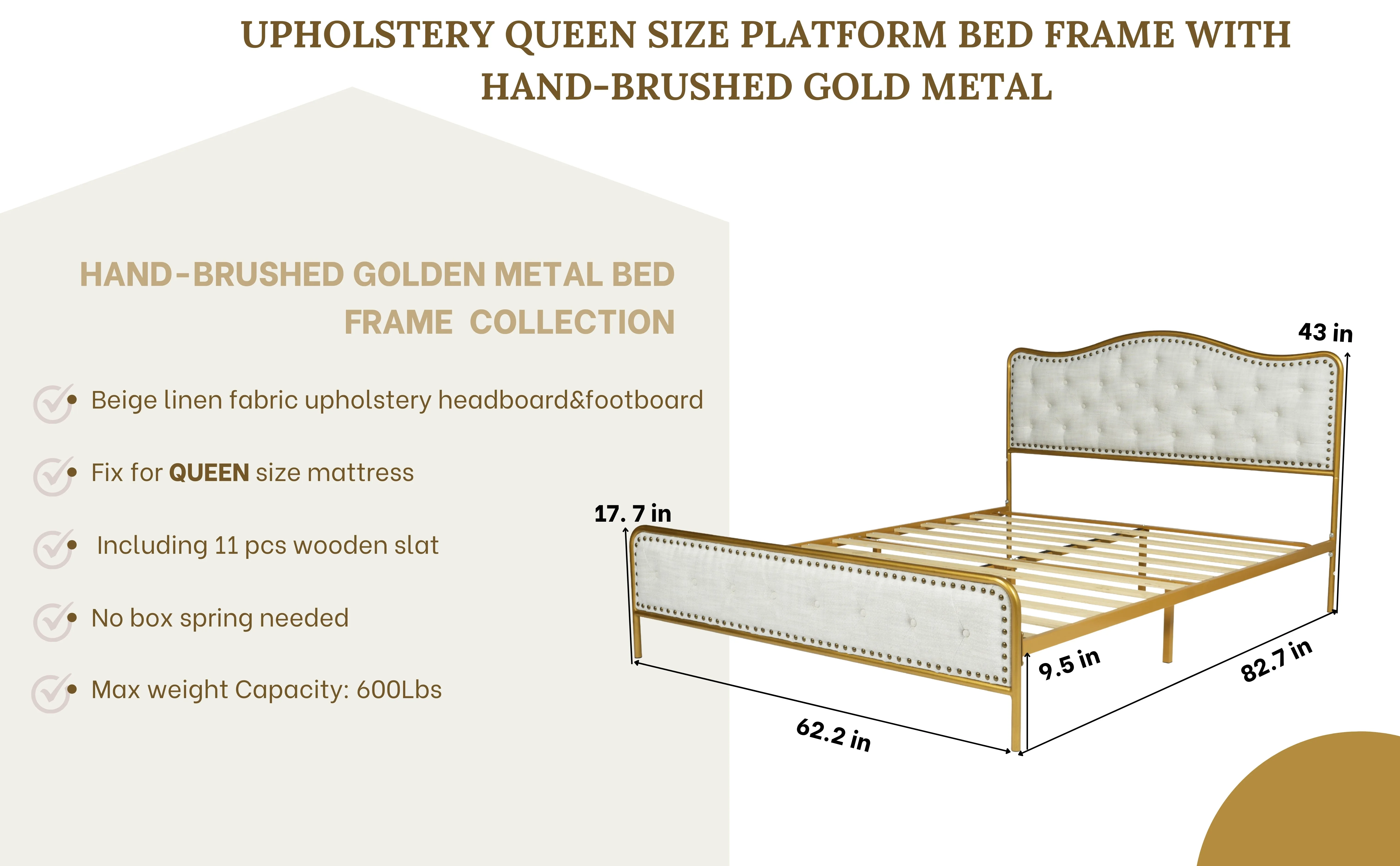 Merle Queen Beige Bed Frame with Gold Accents