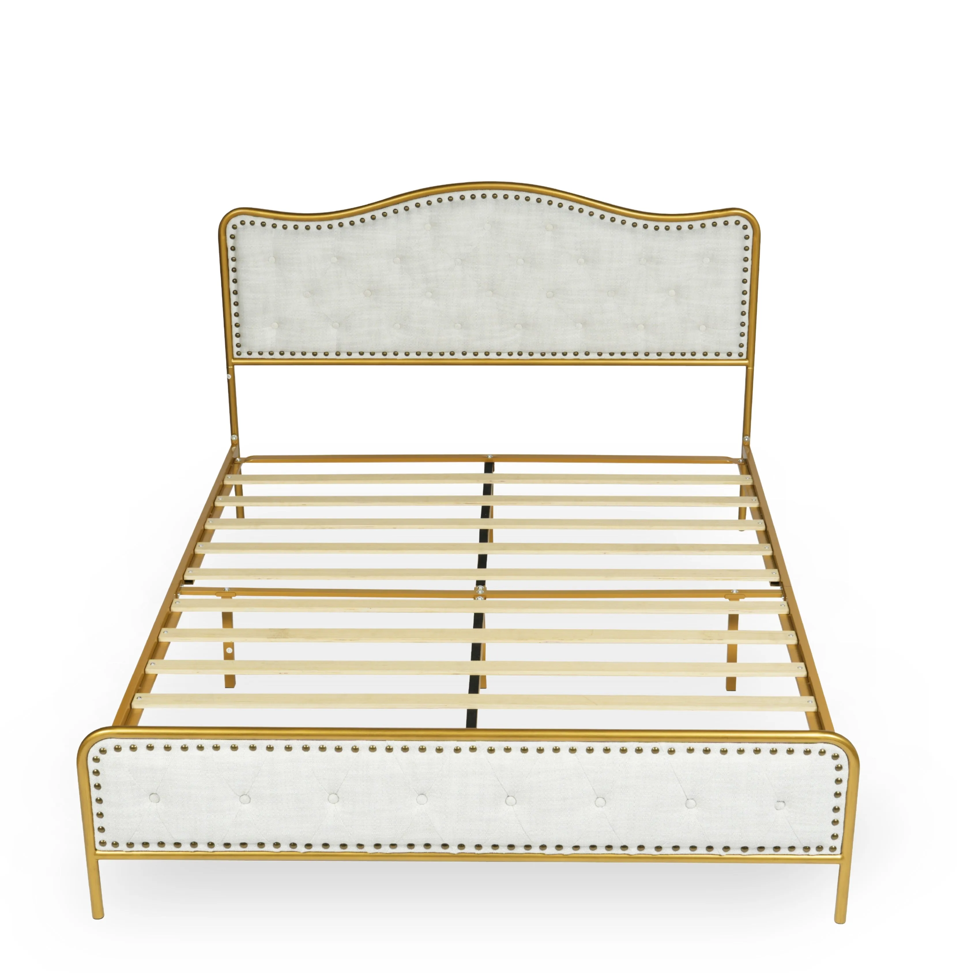 Merle Queen Beige Bed Frame with Gold Accents