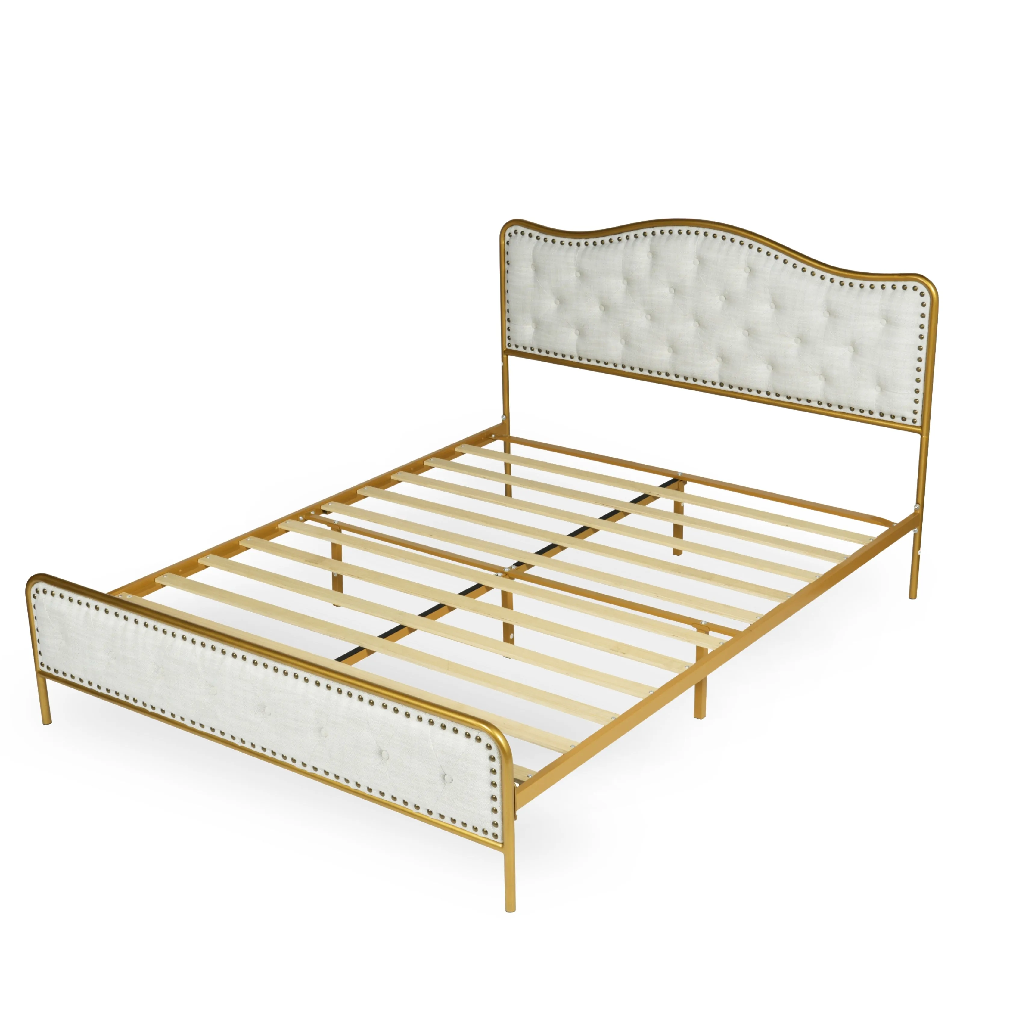 Merle Queen Beige Bed Frame with Gold Accents