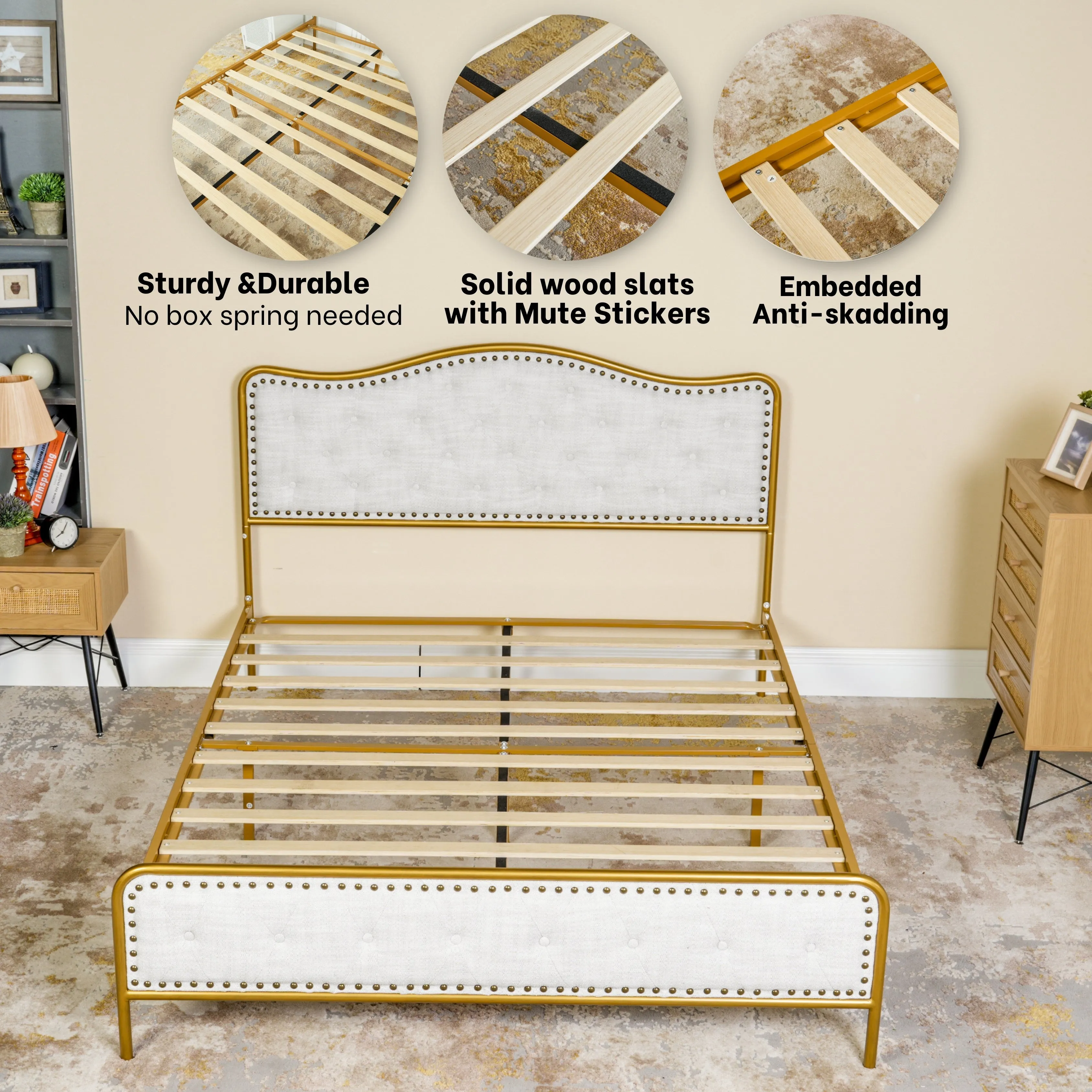 Merle Queen Beige Bed Frame with Gold Accents