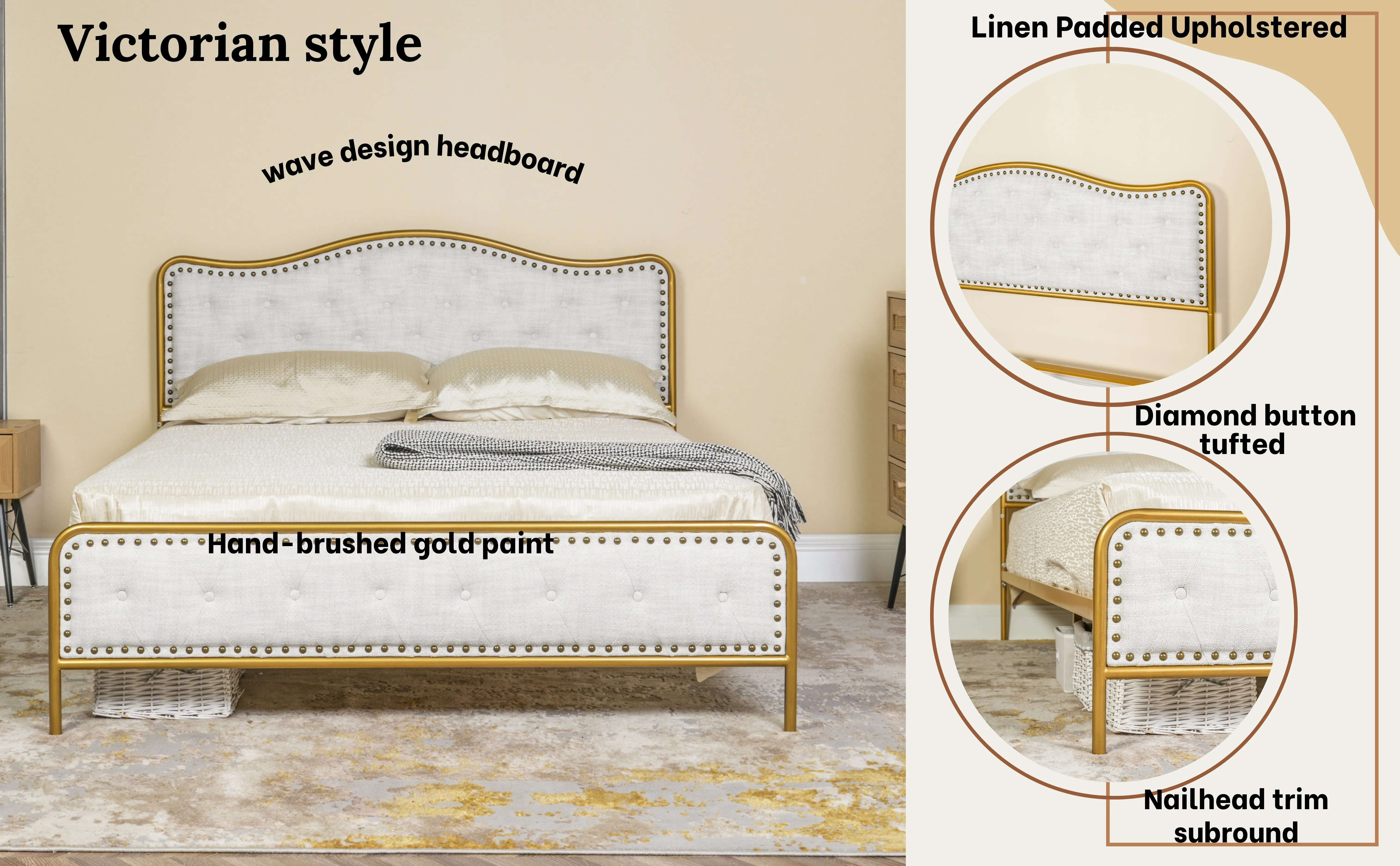 Merle Queen Beige Bed Frame with Gold Accents