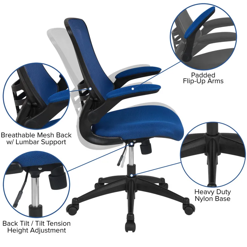 Mid-Back Blue Mesh Swivel Ergonomic Task Office Chair with Flip-Up Arms