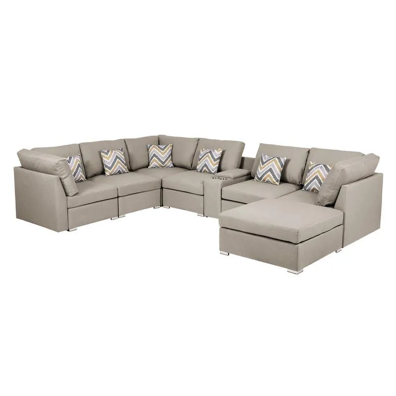 Modern Italian 8pc Beige Fabric Reversible Modular Sectional Sofa with USB Console and Ottoman