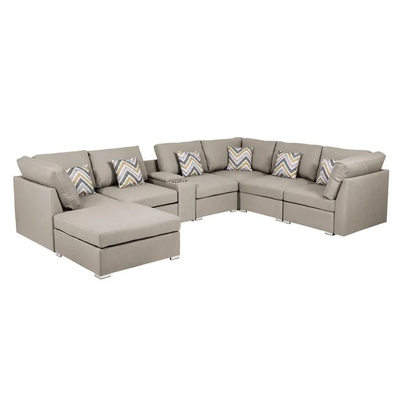 Modern Italian 8pc Beige Fabric Reversible Modular Sectional Sofa with USB Console and Ottoman