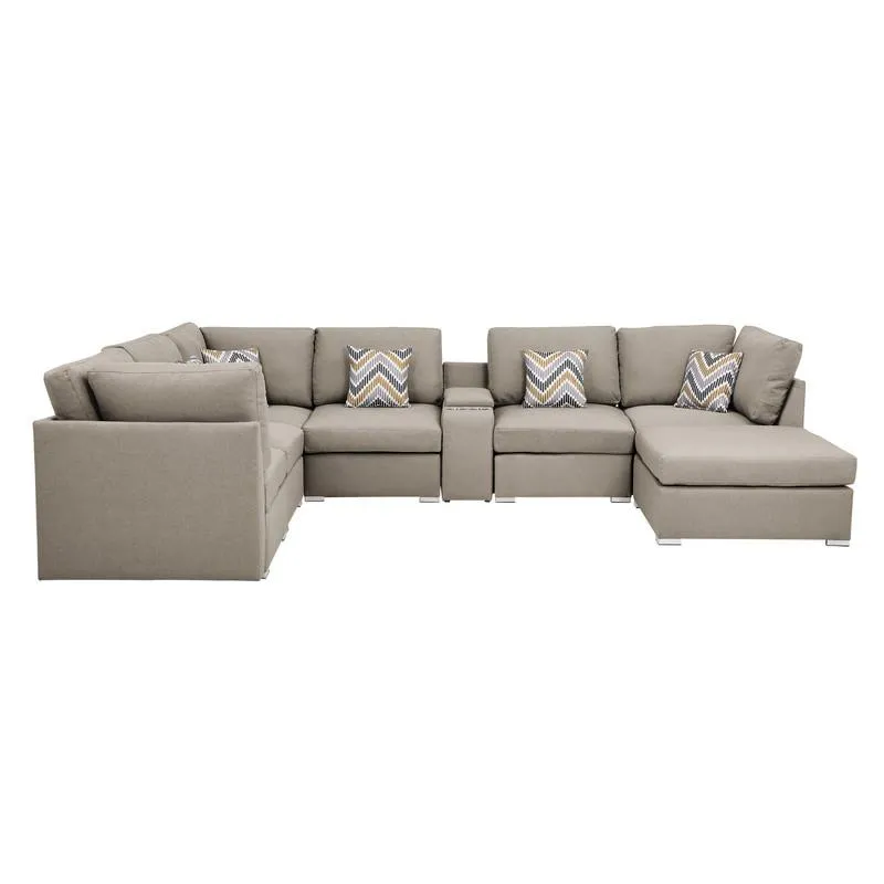 Modern Italian 8pc Beige Fabric Reversible Modular Sectional Sofa with USB Console and Ottoman