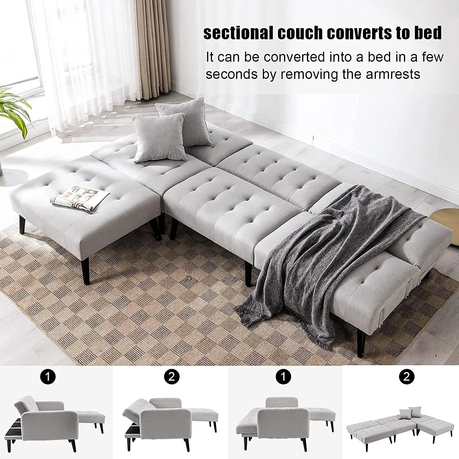 Modern Linen sectional Convertible Sofa Bed L-Shaped Reversible Sleeper Light Grey