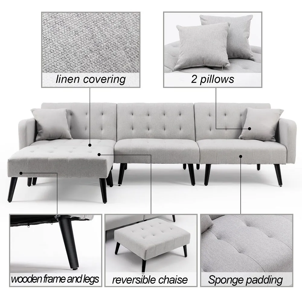 Modern Linen sectional Convertible Sofa Bed L-Shaped Reversible Sleeper Light Grey