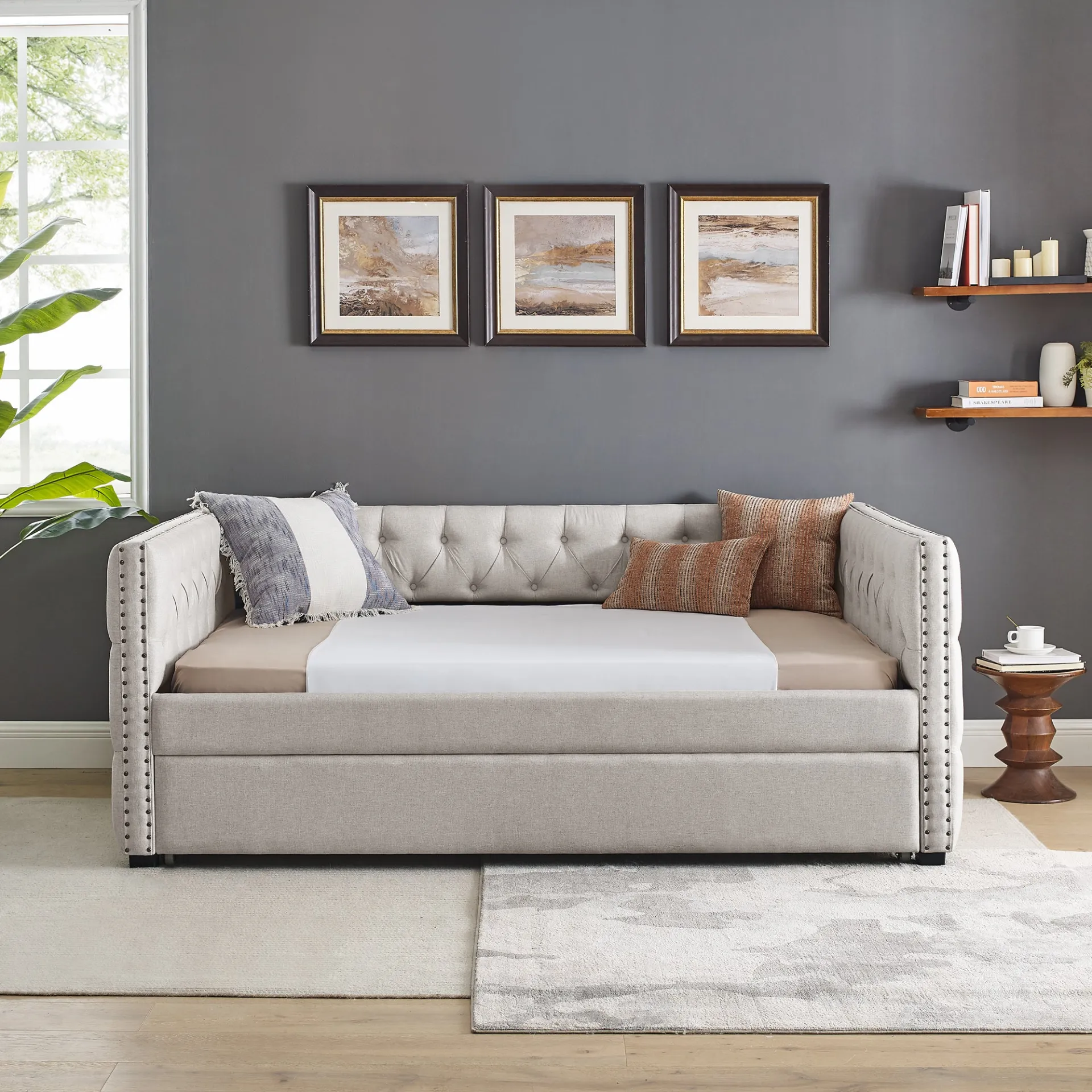 Modern Luxury Daybed with Trundle Upholstered Tufted Sofa Bed