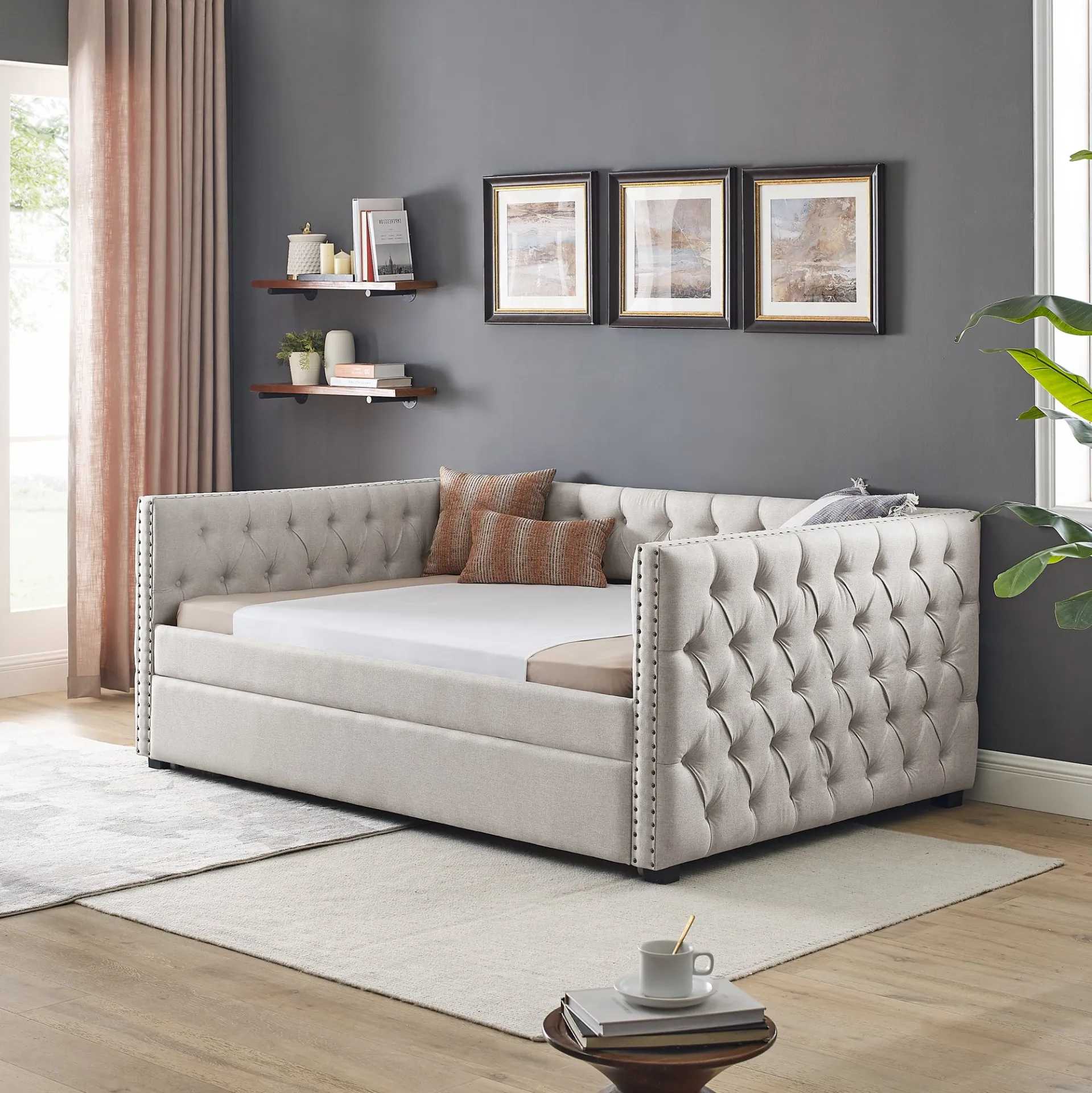 Modern Luxury Daybed with Trundle Upholstered Tufted Sofa Bed