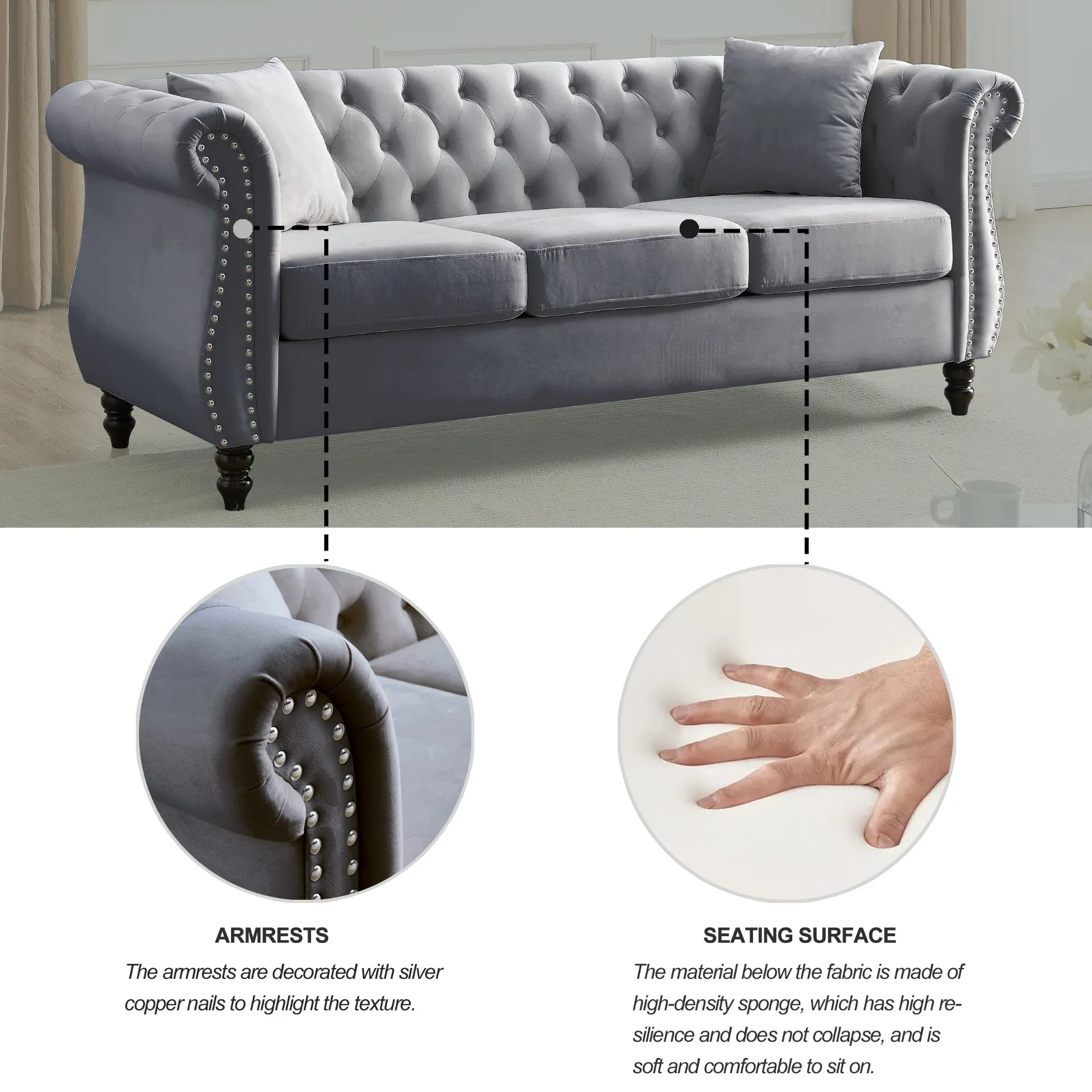 Modern Luxury Italian Chesterfield Sofa Grey Velvet for Living Room