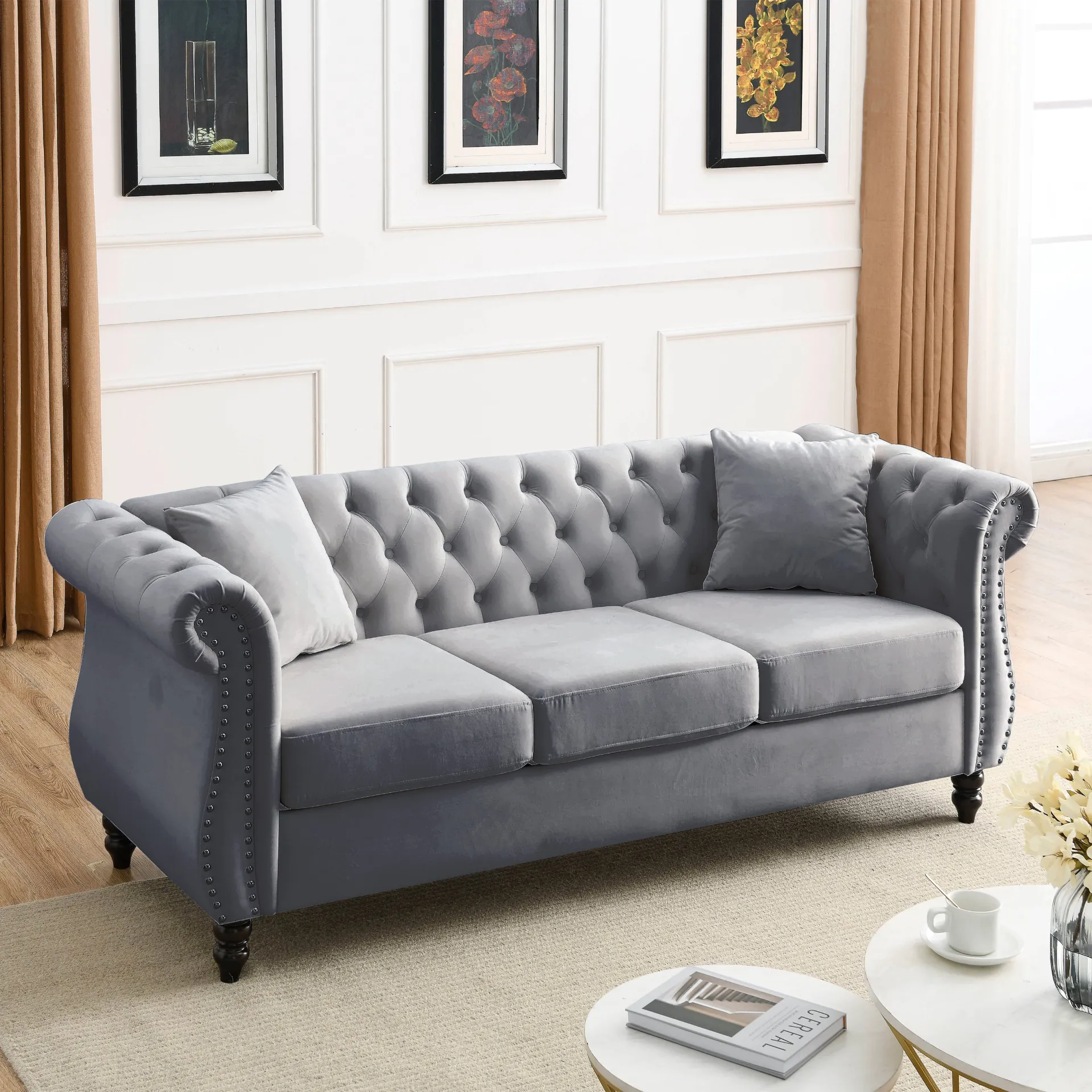 Modern Luxury Italian Chesterfield Sofa Grey Velvet for Living Room