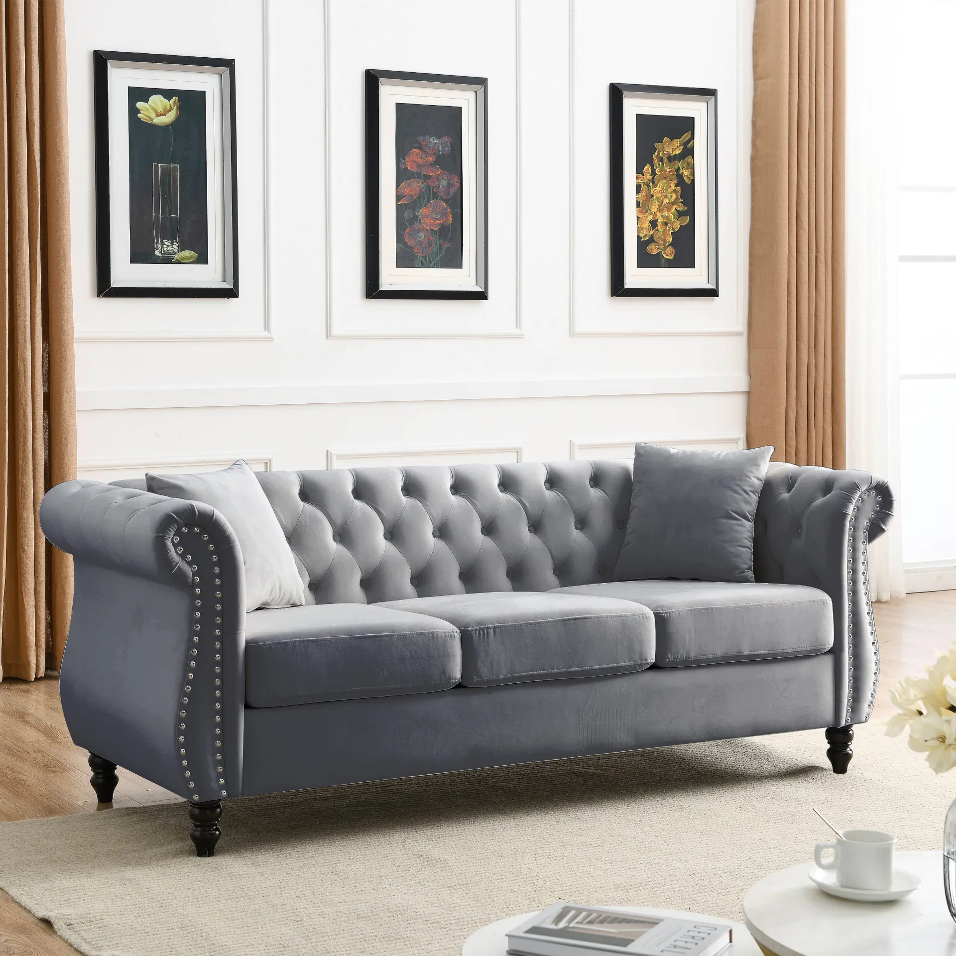 Modern Luxury Italian Chesterfield Sofa Grey Velvet for Living Room