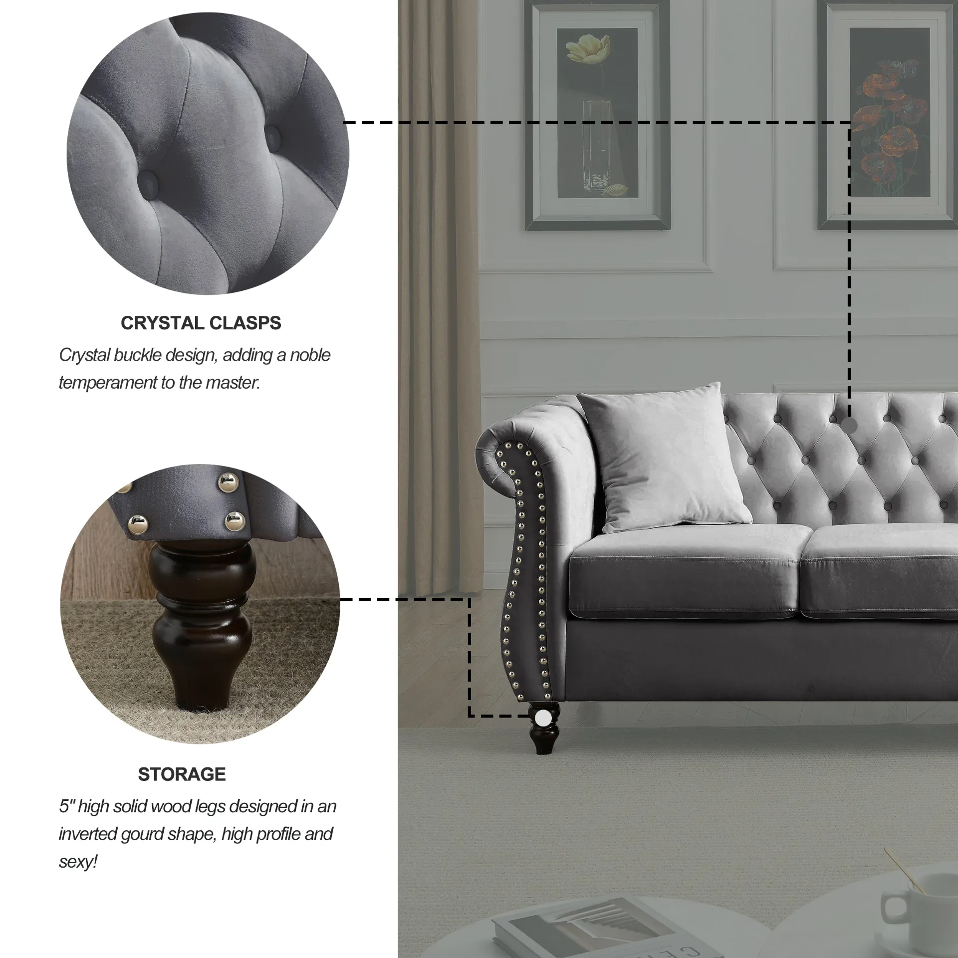 Modern Luxury Italian Chesterfield Sofa Grey Velvet for Living Room