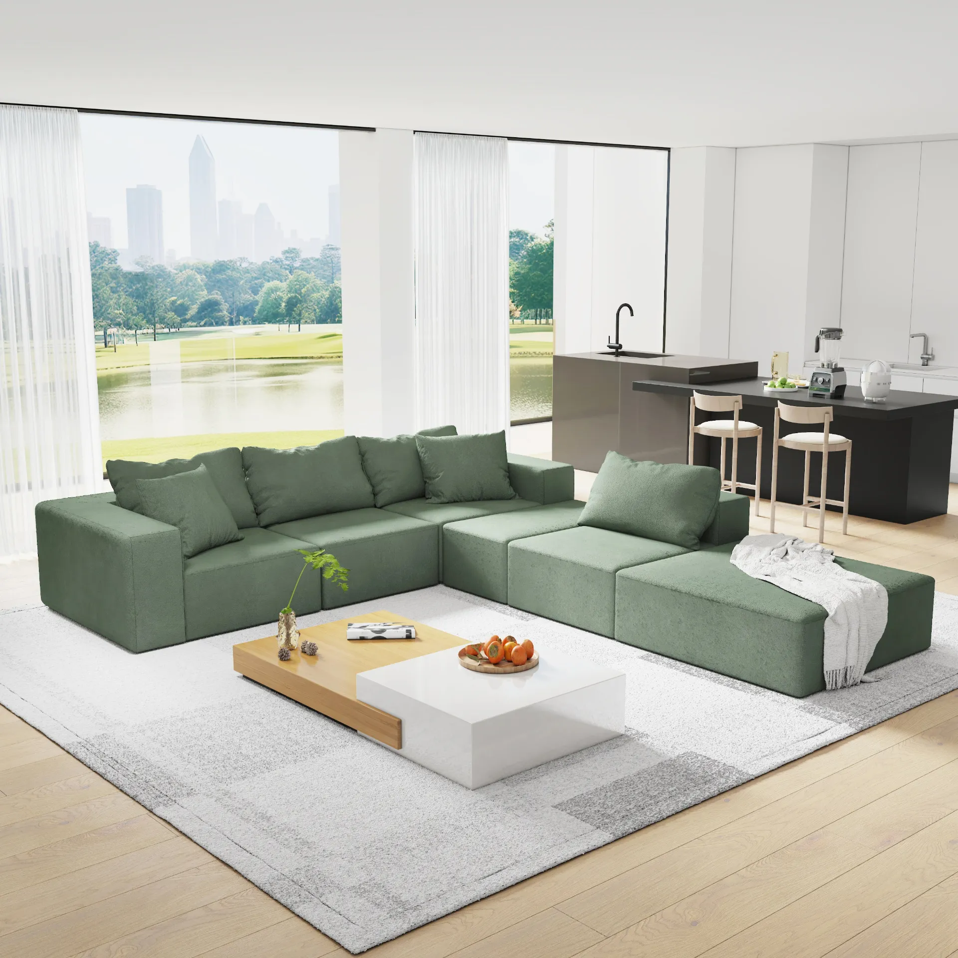 Modern Sage Green Upholstered Sectional Sofa Couch Set