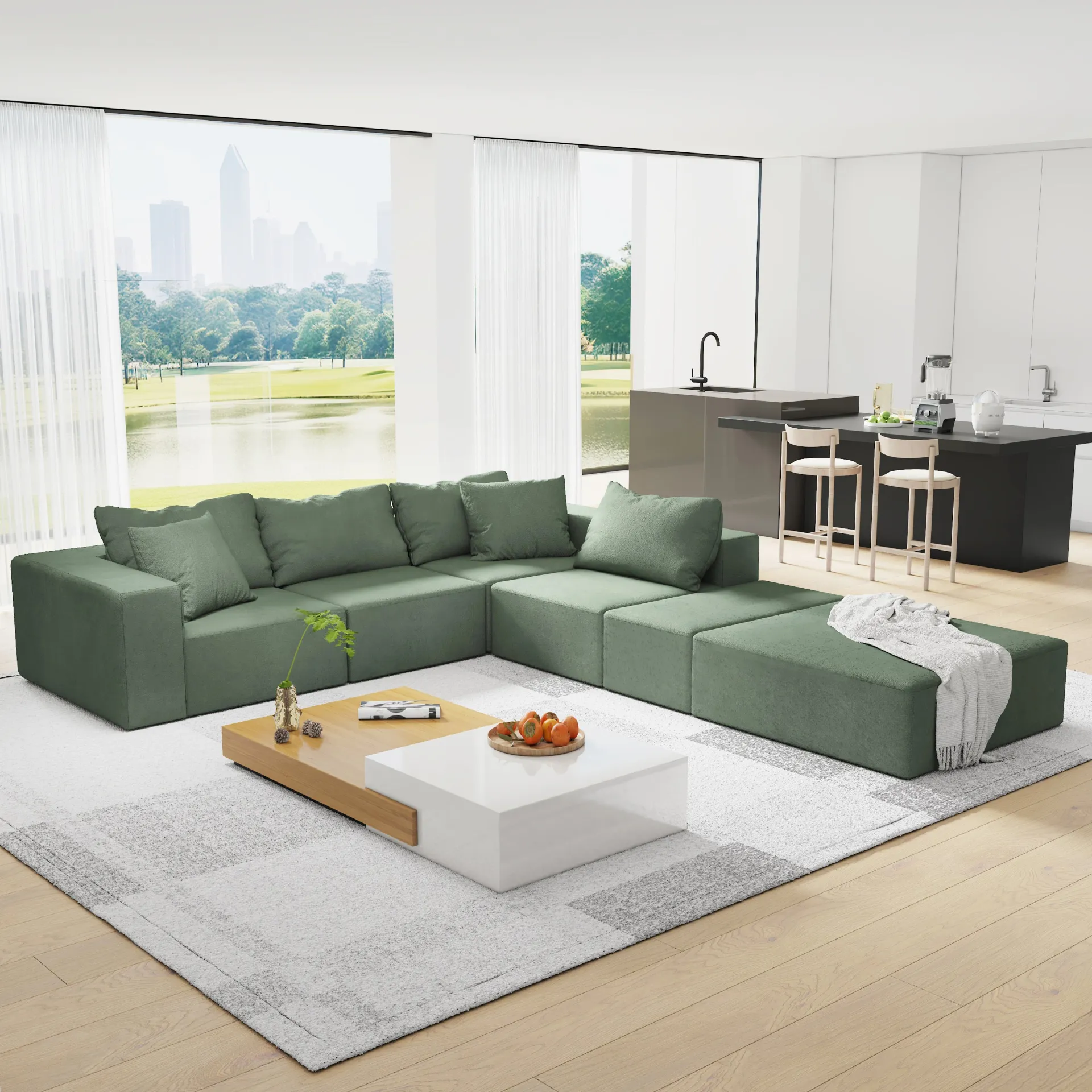 Modern Sage Green Upholstered Sectional Sofa Couch Set