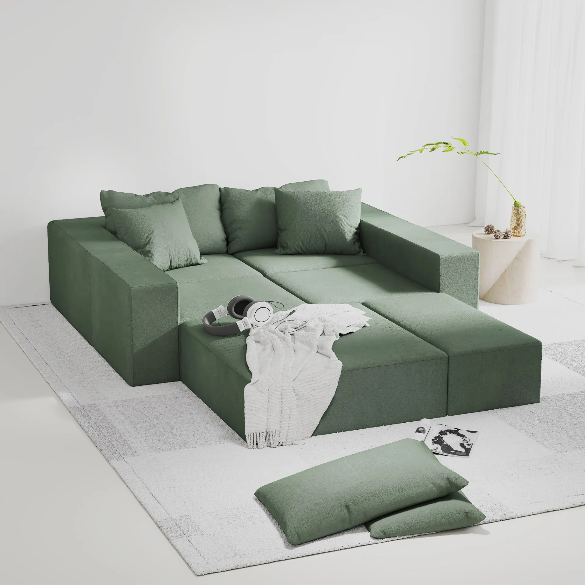 Modern Sage Green Upholstered Sectional Sofa Couch Set