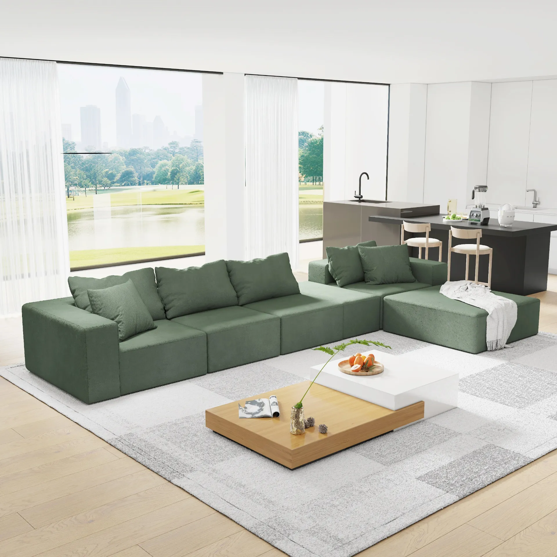 Modern Sage Green Upholstered Sectional Sofa Couch Set