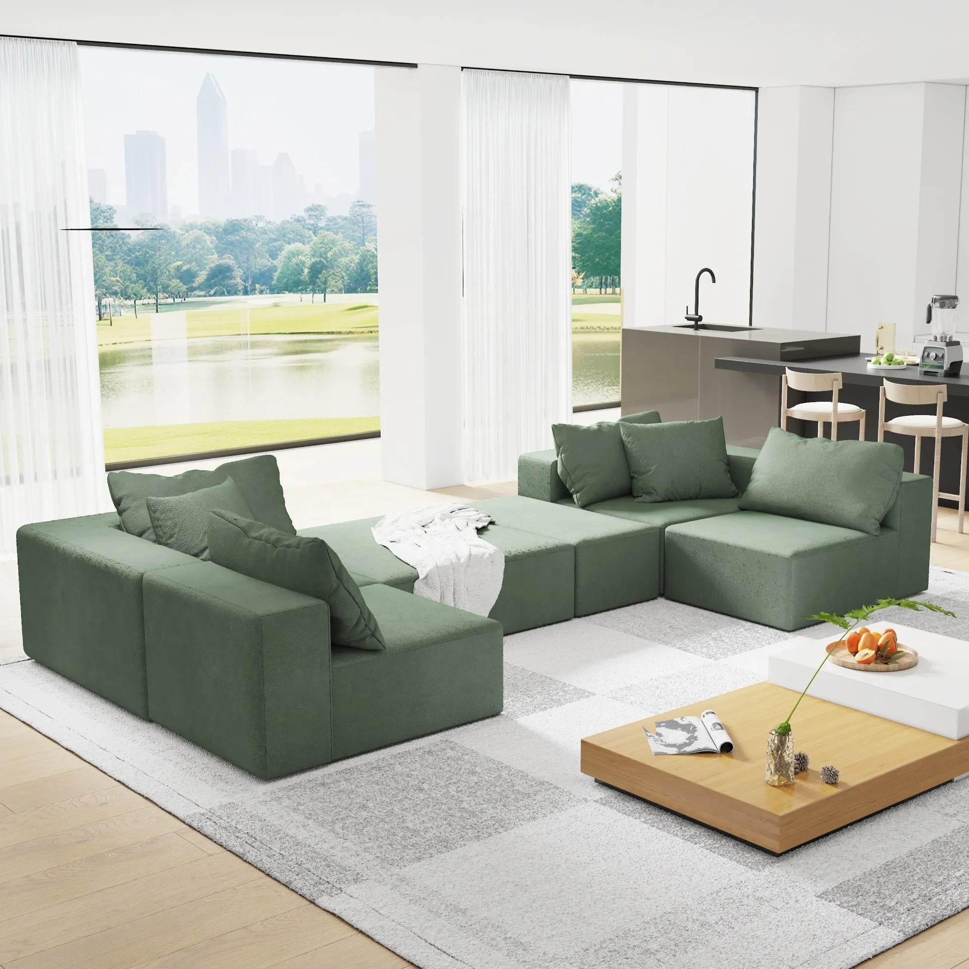 Modern Sage Green Upholstered Sectional Sofa Couch Set