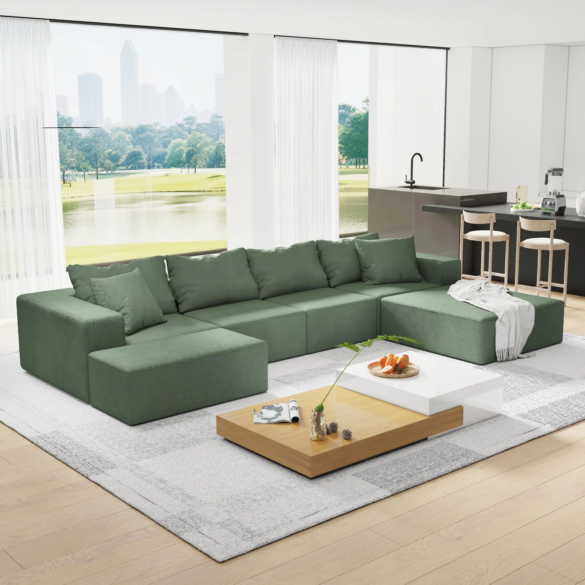 Modern Sage Green Upholstered Sectional Sofa Couch Set